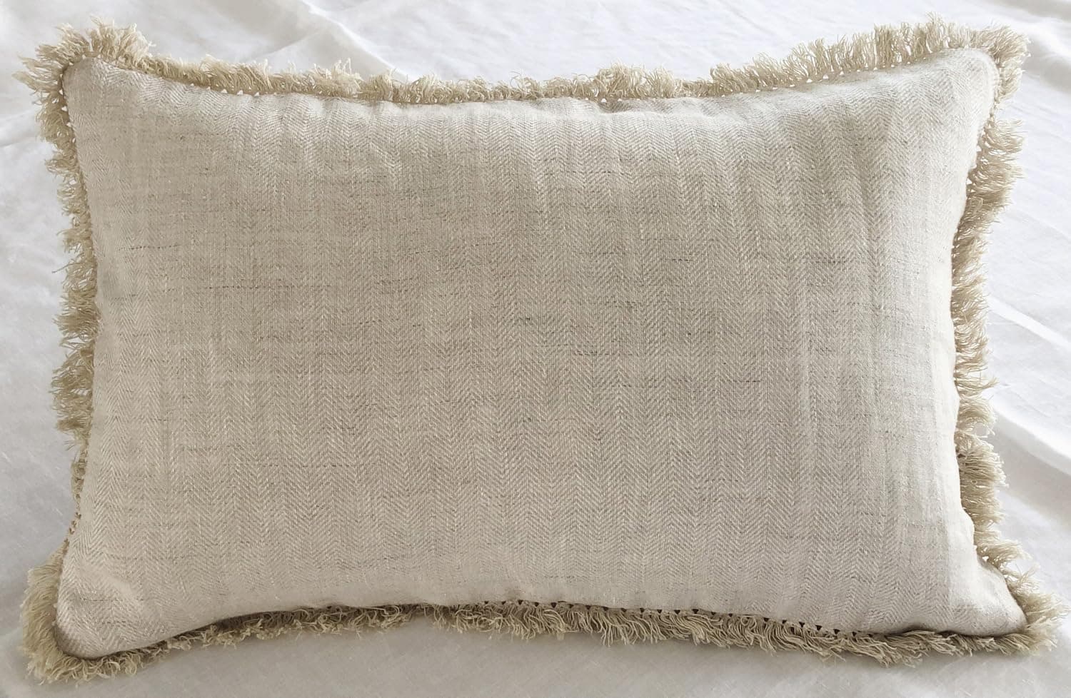 meadow park Stone Washed French Linen Pillow Cover, 12 inches x 21 inches, Tassel Pillow Cover 1pc，Super Soft, Natural Herringbone.