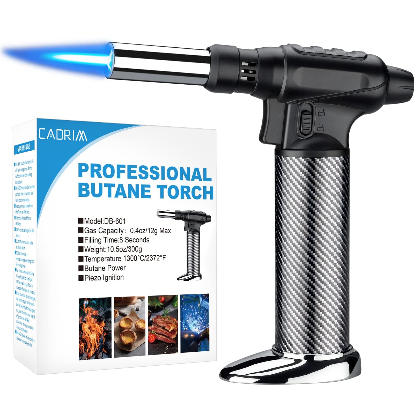 Cadrim Kitchen Blow Torch 1300°C Professional Butane Culinary Torch Lighter Refillable with Fire Lock & Child Safety Lock Adjustable Flame Cooking Torch Creme Brulee Pastry Dessert Brazing (NO Fuel)