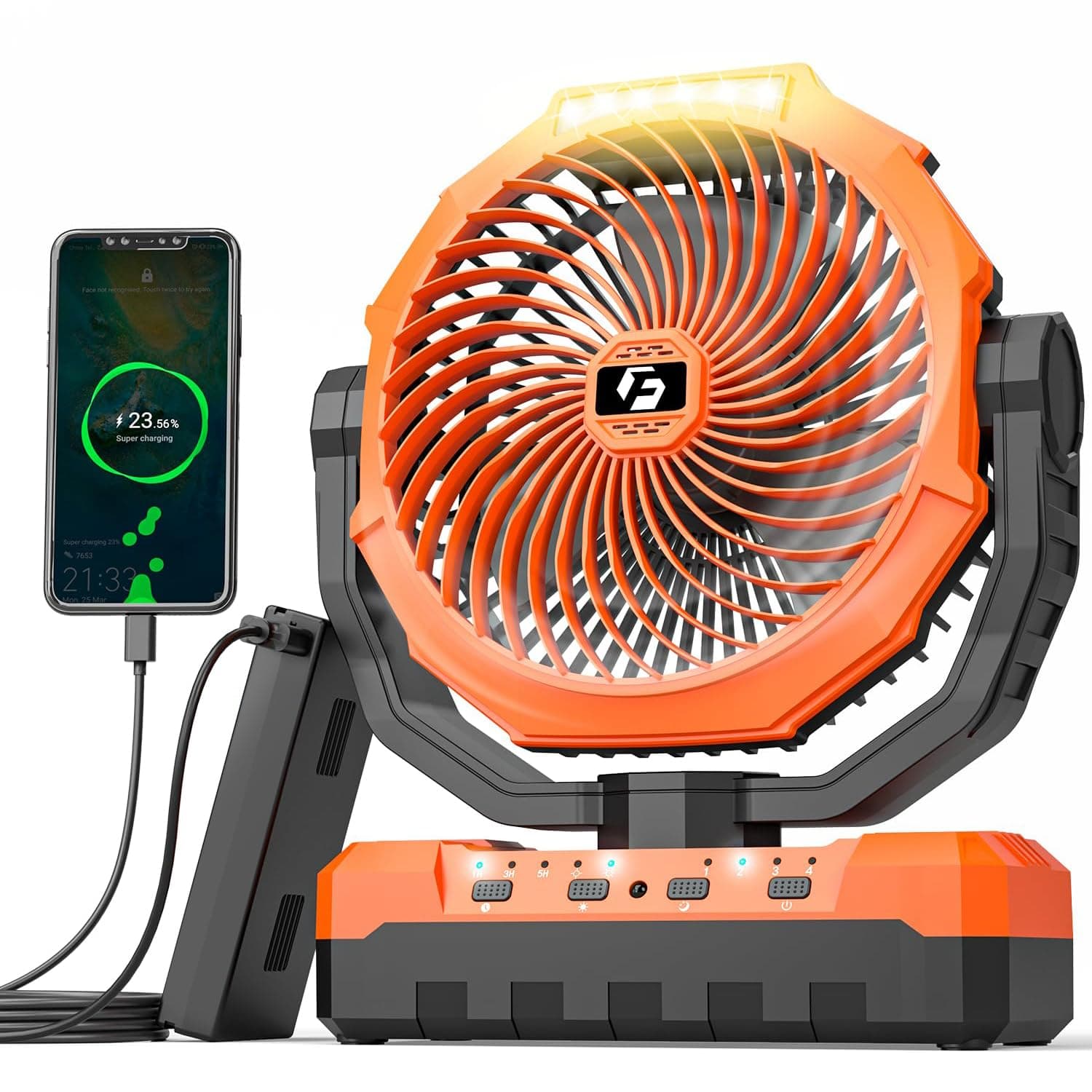 3-in-1 Camping Fan - Detachable Rechargeable Battery Operated Fan with Light & Hook for Tent, Outdoor - USB Table Fan with 4 Speeds for Picnic, BBQ, Fishing, Travel, Hurricane