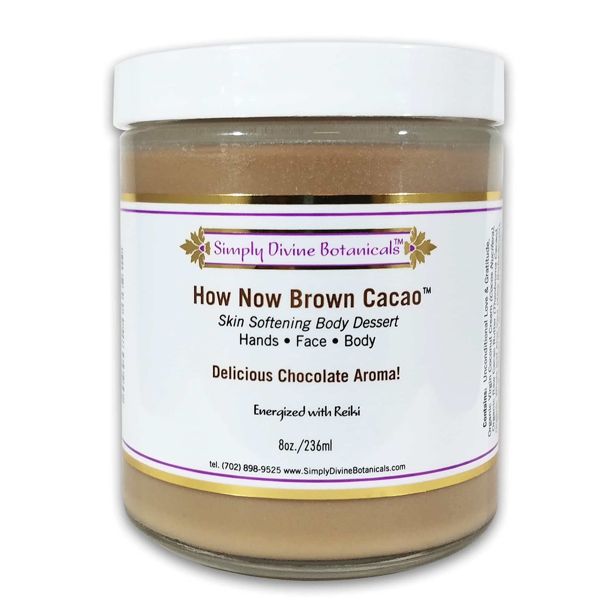 Simply Divine Botanicals How Now Brown Cacao - All-Natural and Organic Body Butter with a Chocolate Aroma to Soften and Deeply Moisturize Hands, Face, Body, 8 oz
