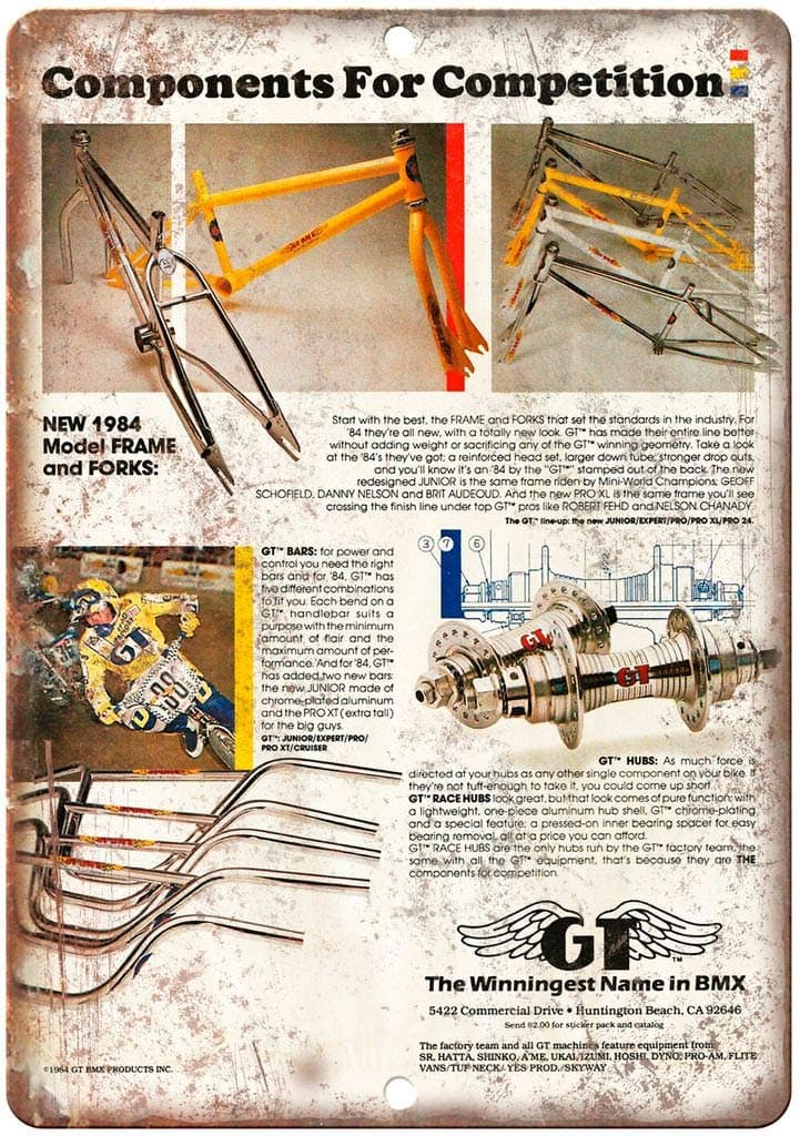 1984 GT BMX Bars Frames Forks Hubs Ad 12" x 9" Reproduction Metal Sign B475
