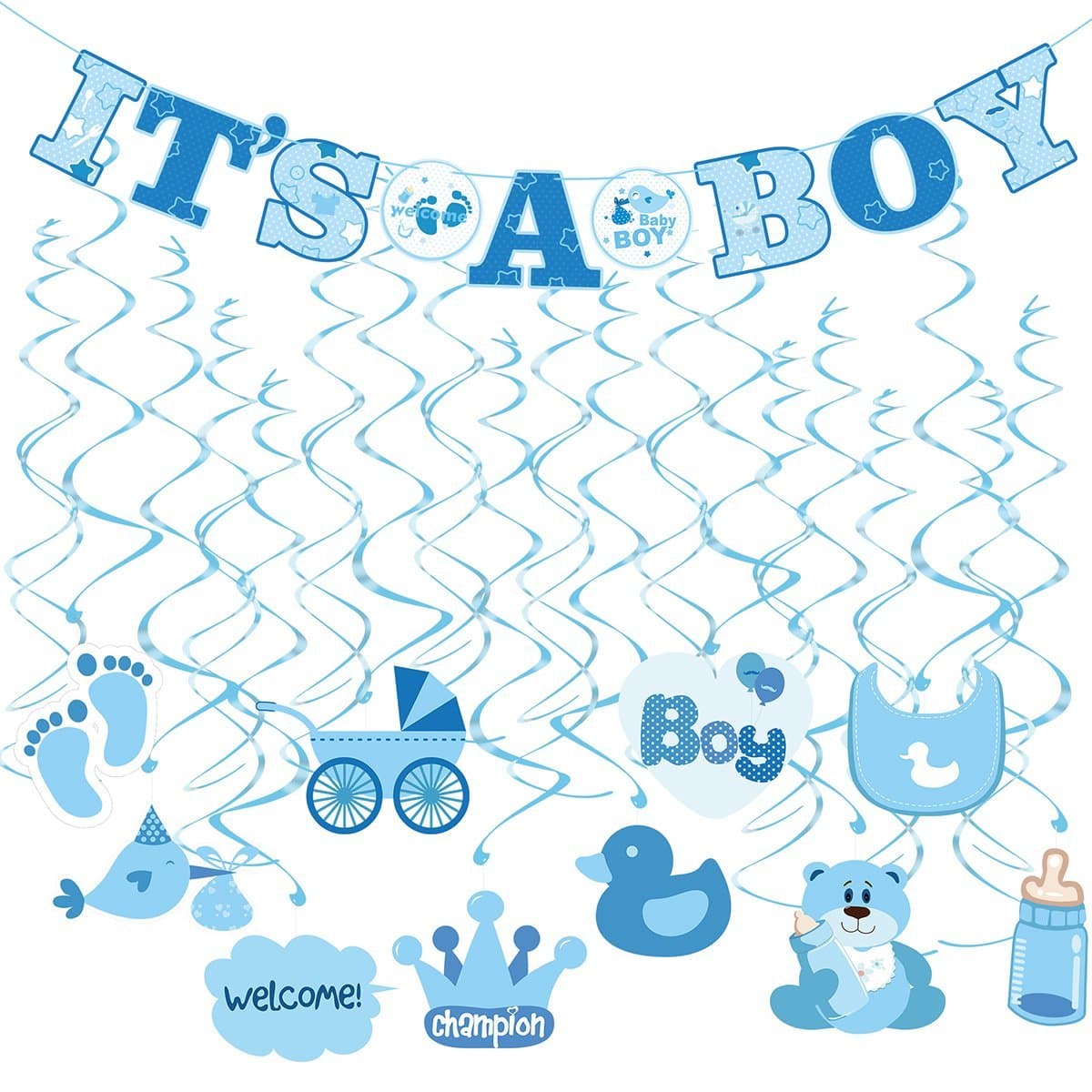 Tinksky 30pcs IT'S A BOY Banner Boy Baby Shower Dizzy Danglers Spiral Hanging Decoration for Parties (1Banner + 20Dizzy Danglers + 10Cards)