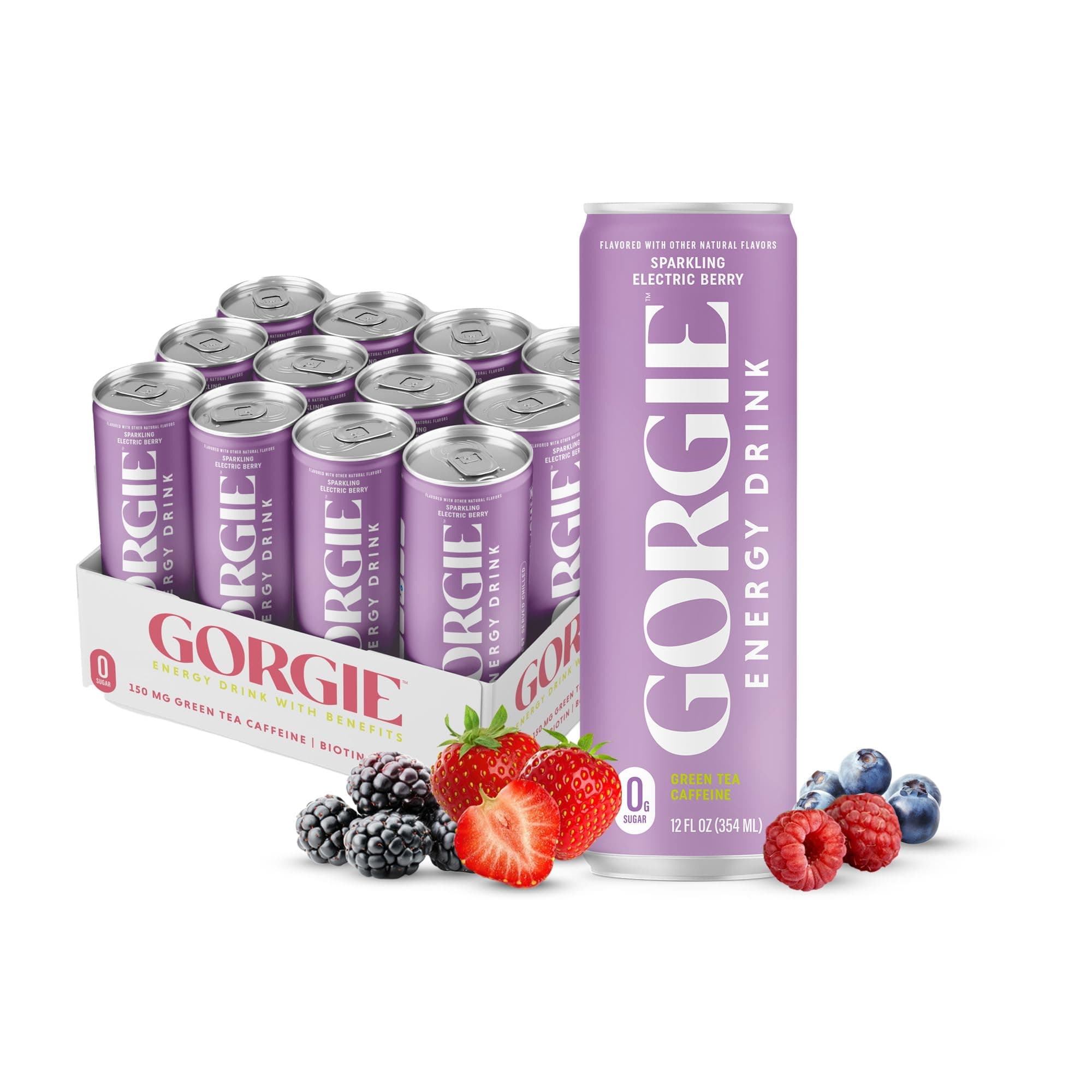 GORGIE Sugar Free Natural Energy Drinks, Wild Berry (12 Pack) - Healthy Energy Drinks - Natural Coffee Replacement with Green Tea Caffeine and Biotin - 150mg Caffeine, Vegan, & Low Calorie