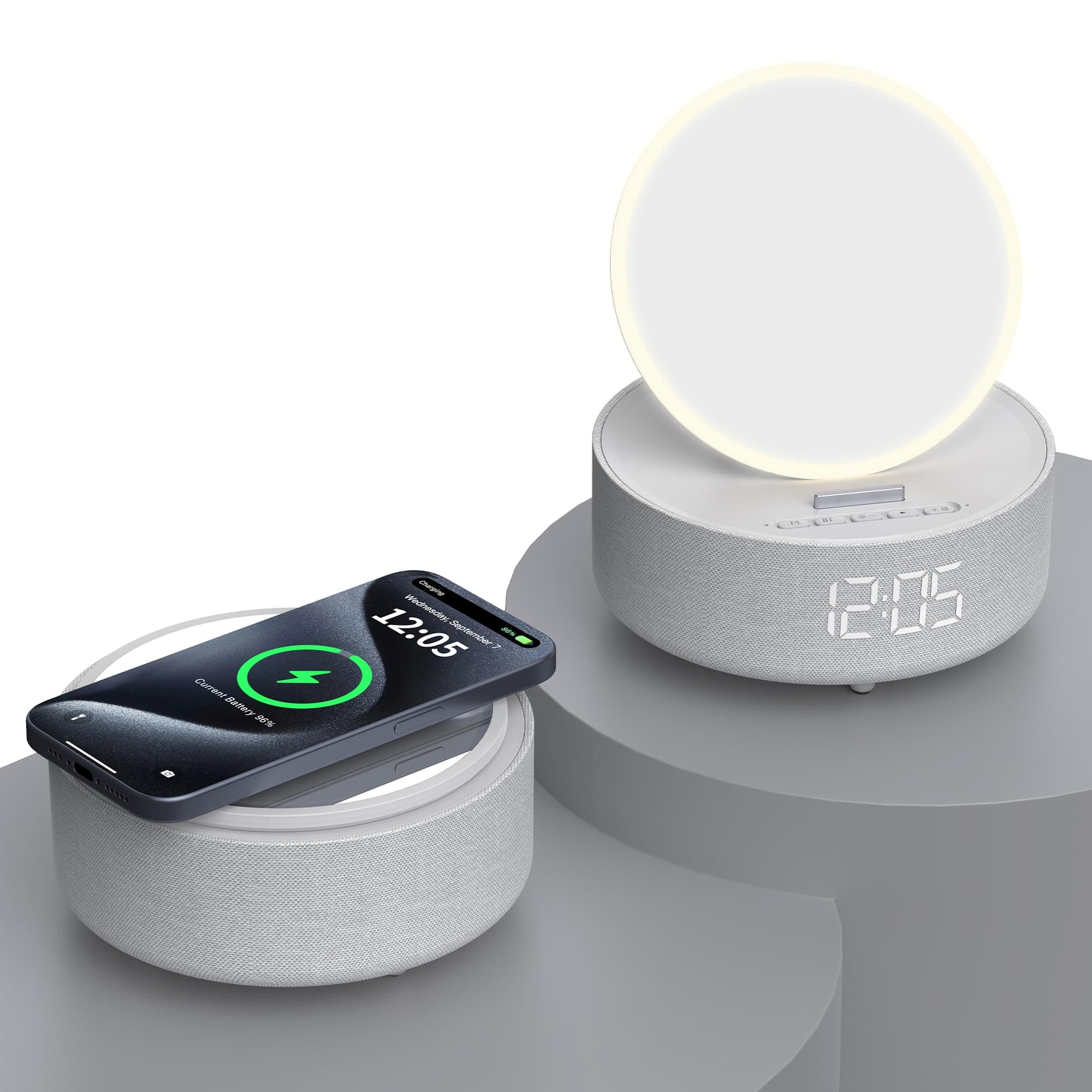 Bluetooth Speaker with LED Light Makeup Mirror, Wireless Charging Station for iPhone/Samsung, Stylish Multifunctional Automatic Clock Bedside Lamp Ideal for Home, Bedroom, Office & Gift