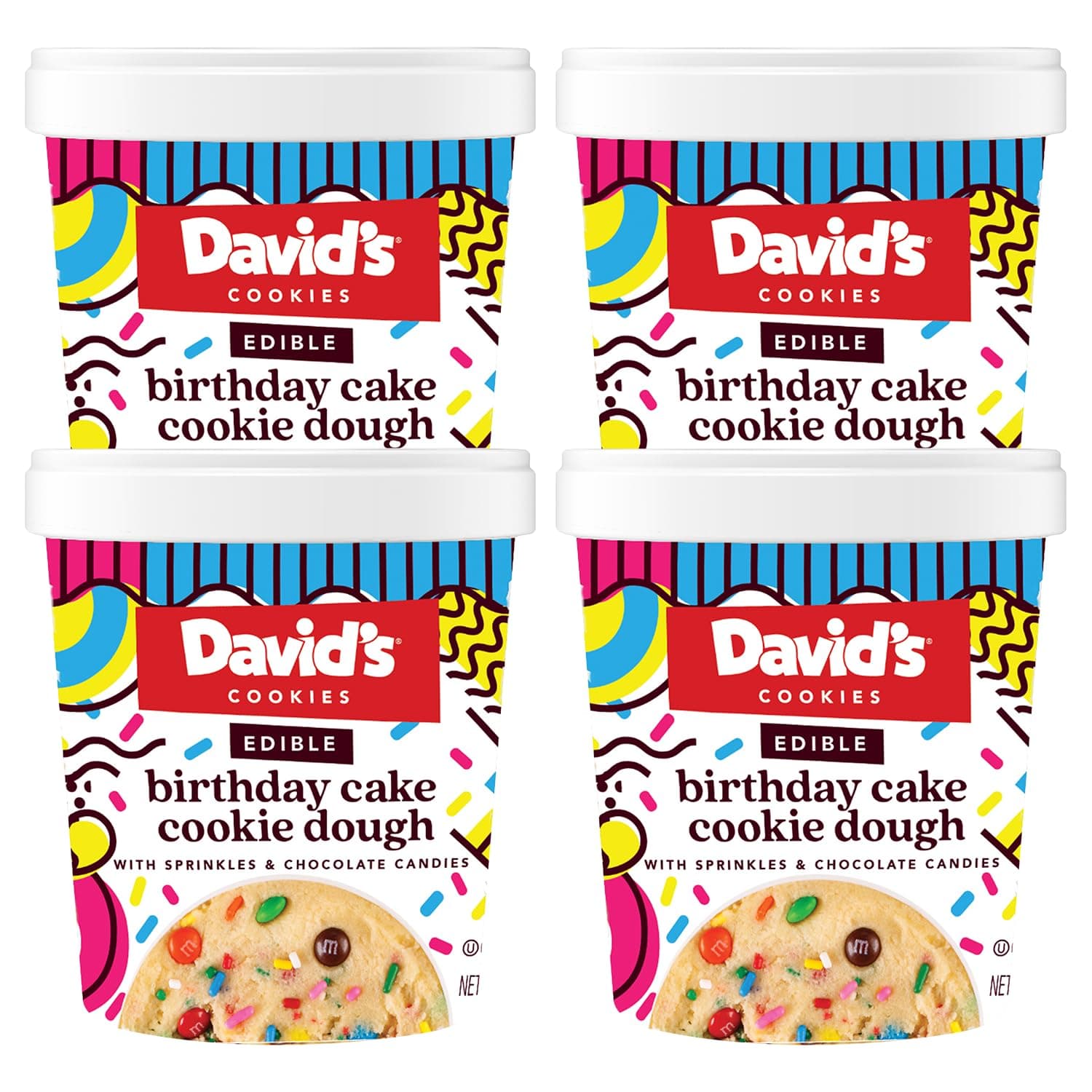 David’s Cookies Birthday Cake Edible Cookie Dough – 4 Tubs (12oz Each) – Safe-to-Eat, Eggless Recipe with Heat-Treated Flour – with Rainbow Chocolate Candies & Sprinkles, Ready-to-Eat Dessert Treat