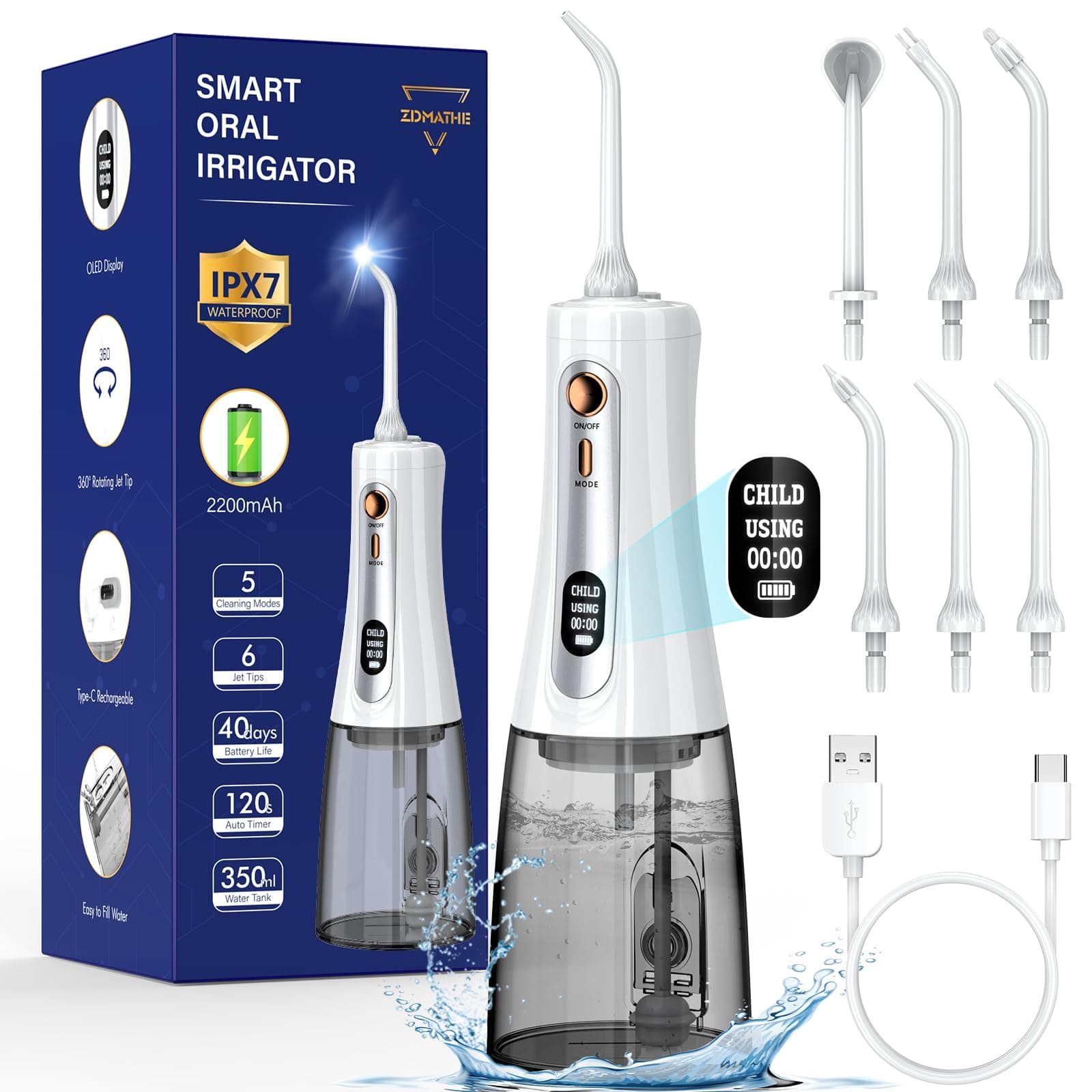 PanDaDa350ML Powerful Water Flossers for Teeth-Portable Flosser Cordless Oral Irrigator with 5 Modes 6 Jet Tips,Professional Dental IPX7 Waterproof Electric Home Travel