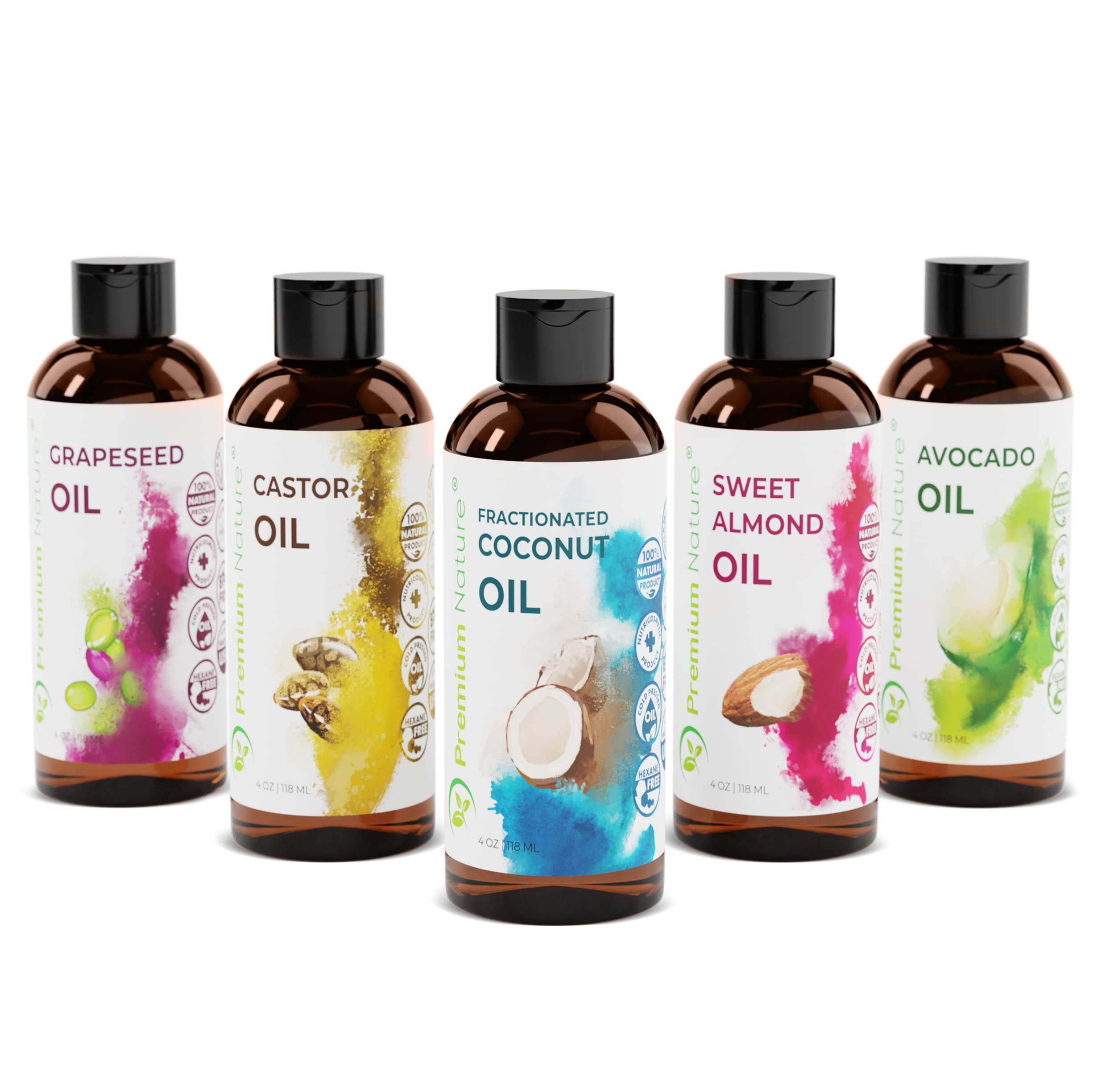 Carrier Oils For Essential Oil - 5 Piece Variety Pack Gifts Sets for Christmas Coconut Oil Castor Oil Grapeseed Oil Avocado Oil & Sweet Almond Best Oils for Stretch Mark Dry Skin Body Massage