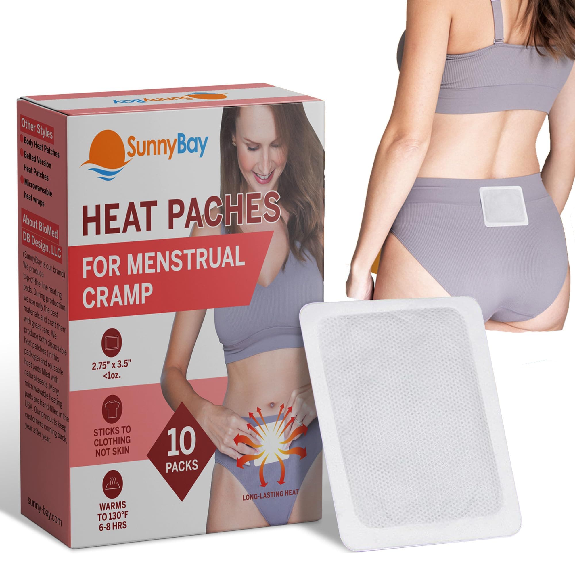 SunnyBay Heat Patches for Menstrual Cramp, Air-Activated Adhesive Heat Pads for Period, 130 F Warmth up to 8 Hours, Stick to Clothing Not Skin, 2.75 x3.5 inches, 10-Count
