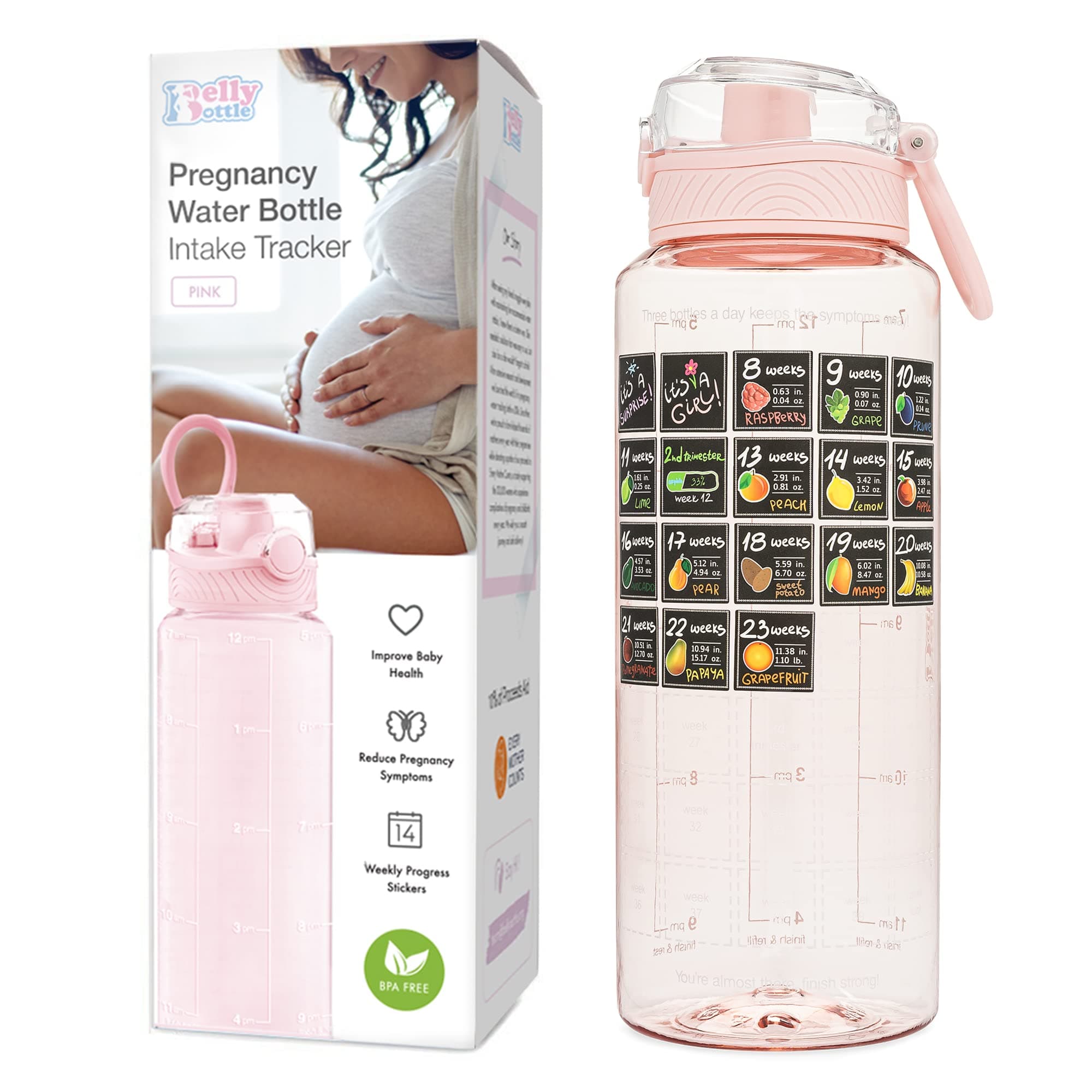 BellyBottle Pregnancy Water Bottle BPA-Free, Intake Tracker, Weekly Milestone Stickers - Pregnancy Gifts for First time Moms Must Haves Essentials (Pink)