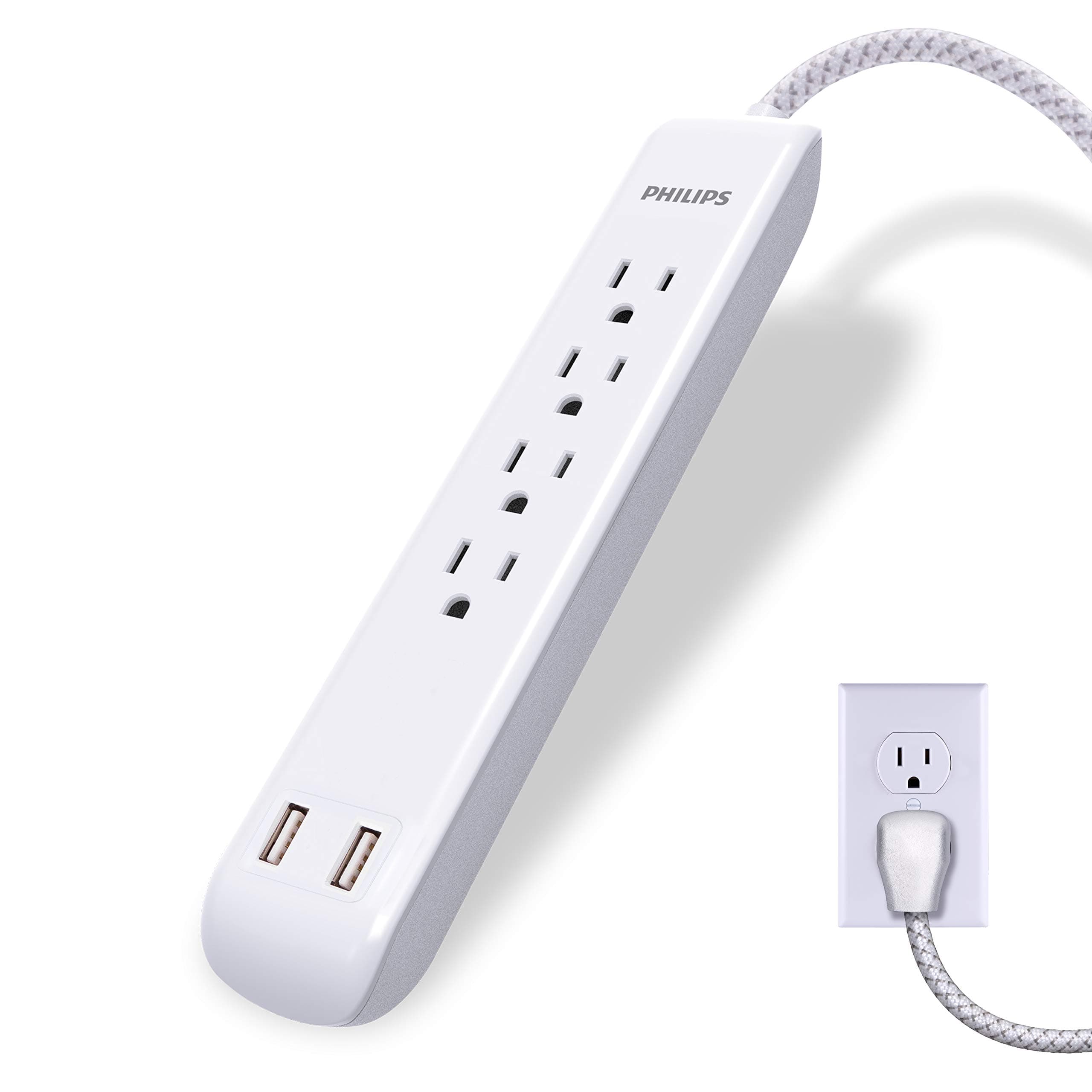 4 Outlet Power Strip Surge Protector with 2 USB Ports, 4 Ft Power Cord, Designer Braided Extension Cord, Flat Plug Extension Cord, 720 Joules, White, SPC6244WC/37