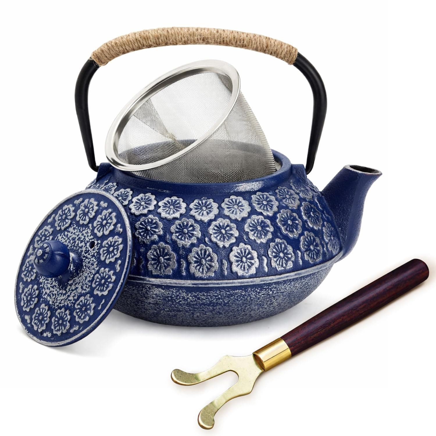 Juvale Blue Cast Iron Teapot with Stainless Steel Infuser (34oz)