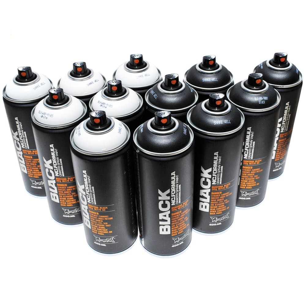 Montana BLACK 400ml Set of 12 Graffiti Street Art Mural Spray Paint (Black & White)