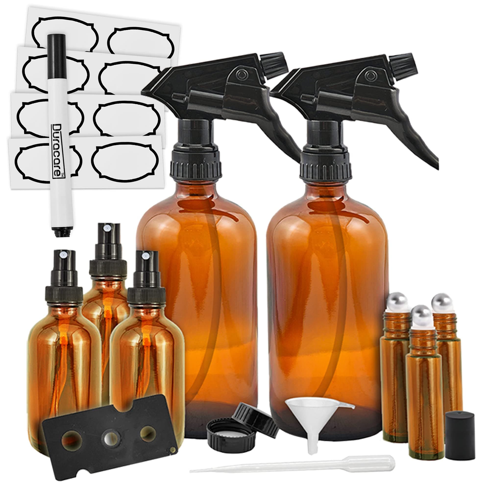 Duracare Amber Glass Spray Bottles (16oz), Essential Oil Roller Bottles (10ml) and Mist Sprayers (2oz) - for Essential Oils, Cleaning Products and Aromatherapy