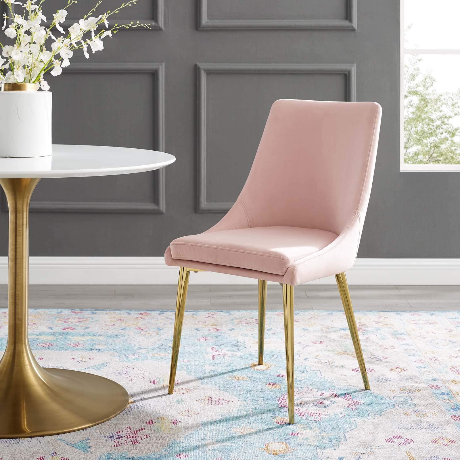 Modway Viscount Performance Velvet Dining Side Chair with Gold Stainless Steel Legs in Pink