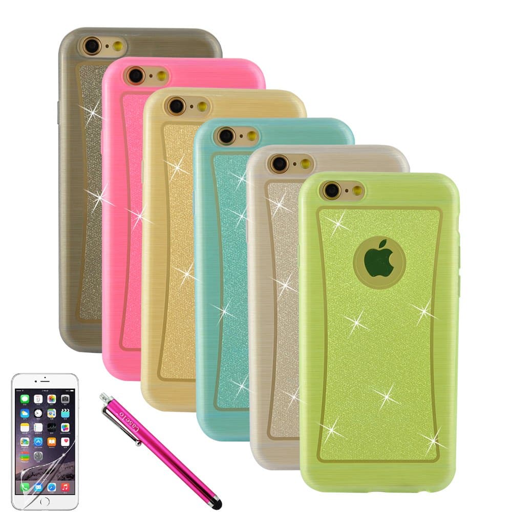 iPhone 6 Case, Bundle 6 Pack Silicone Case [Ultra Slim] Glitter Jelly Soft TPU GEL Protective Cover Rubber Shell Skin Assorted Color (Pink, Grey, Golden, Blue, Clear) for Apple iPhone 6 4.7" inch with Bonus Screen Protector and Logo Stylus Pen