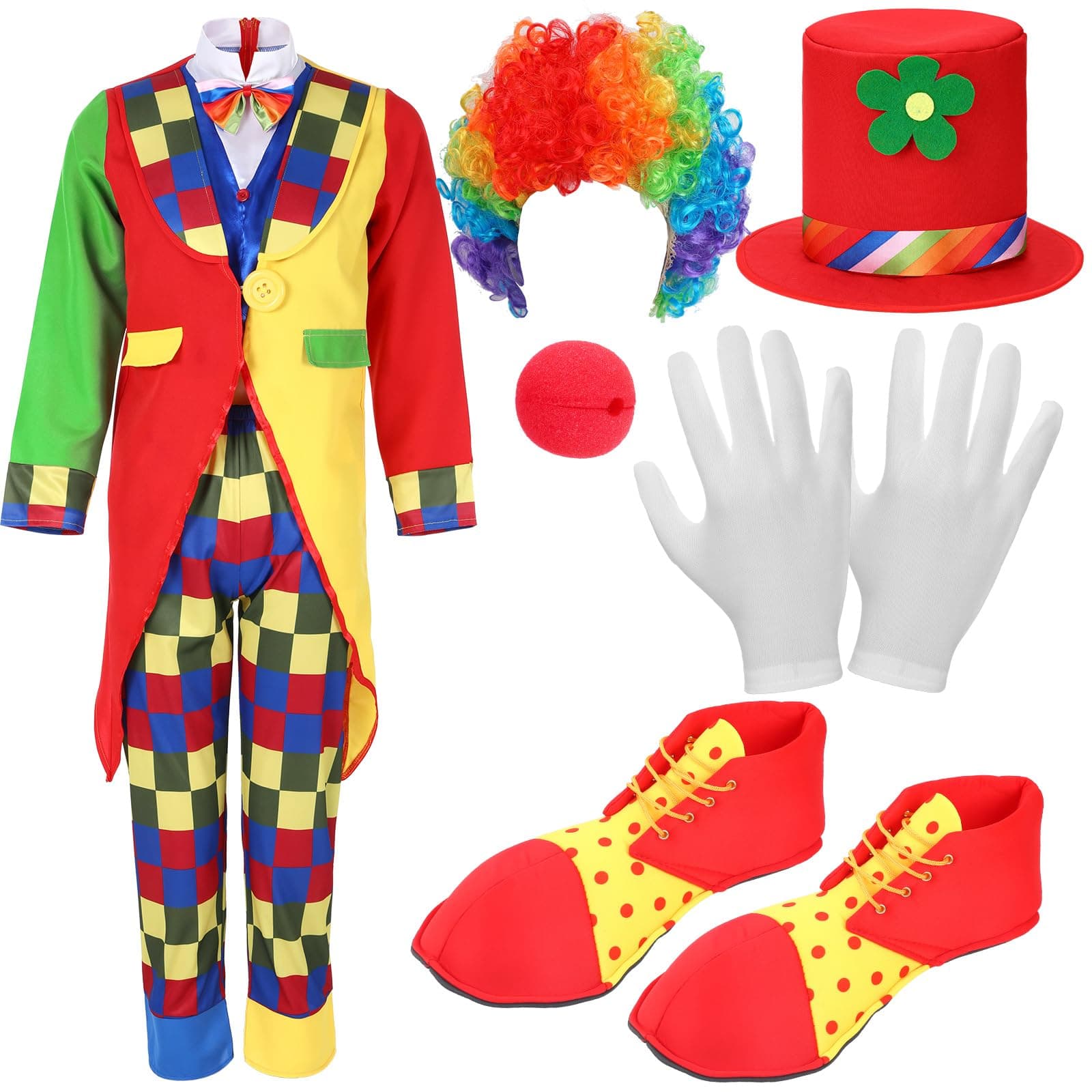 7 Pcs Clown Costume Set Halloween Cosplay Clown Red Nose Wig Shoes Hat Accessories Circus Carnival Party