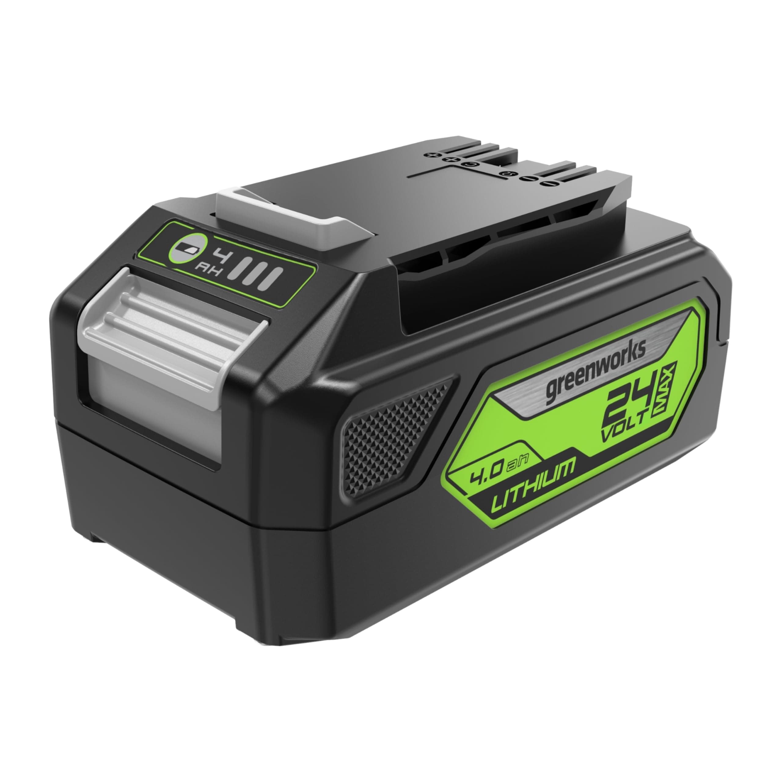 – 24V Battery. Original Greenworks Rechargeable Powerful Battery. Suitable for All 24V Garden Tools. 4 Ah Lithium-Ion Battery. Fast Charging, 3-Stage charge level. 2 Year Warranty G24B4