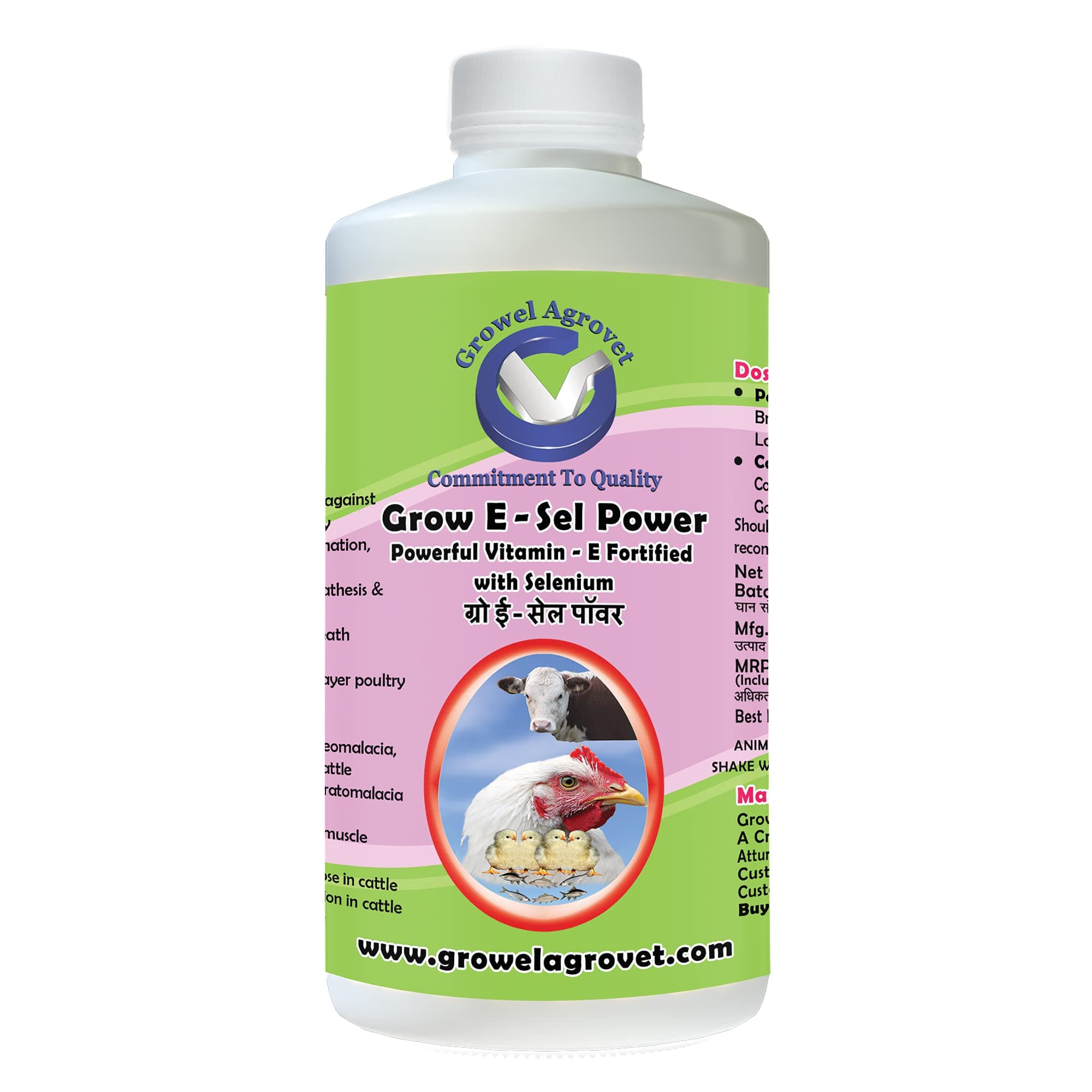 Growel Agrovet Grow E-Sel Power: Vitamin - E with Selenium and Biotin for Poultry, Cattle, Horses, Pigs, Goats, Sheep, Pigeons, and Birds - 1000 ml.