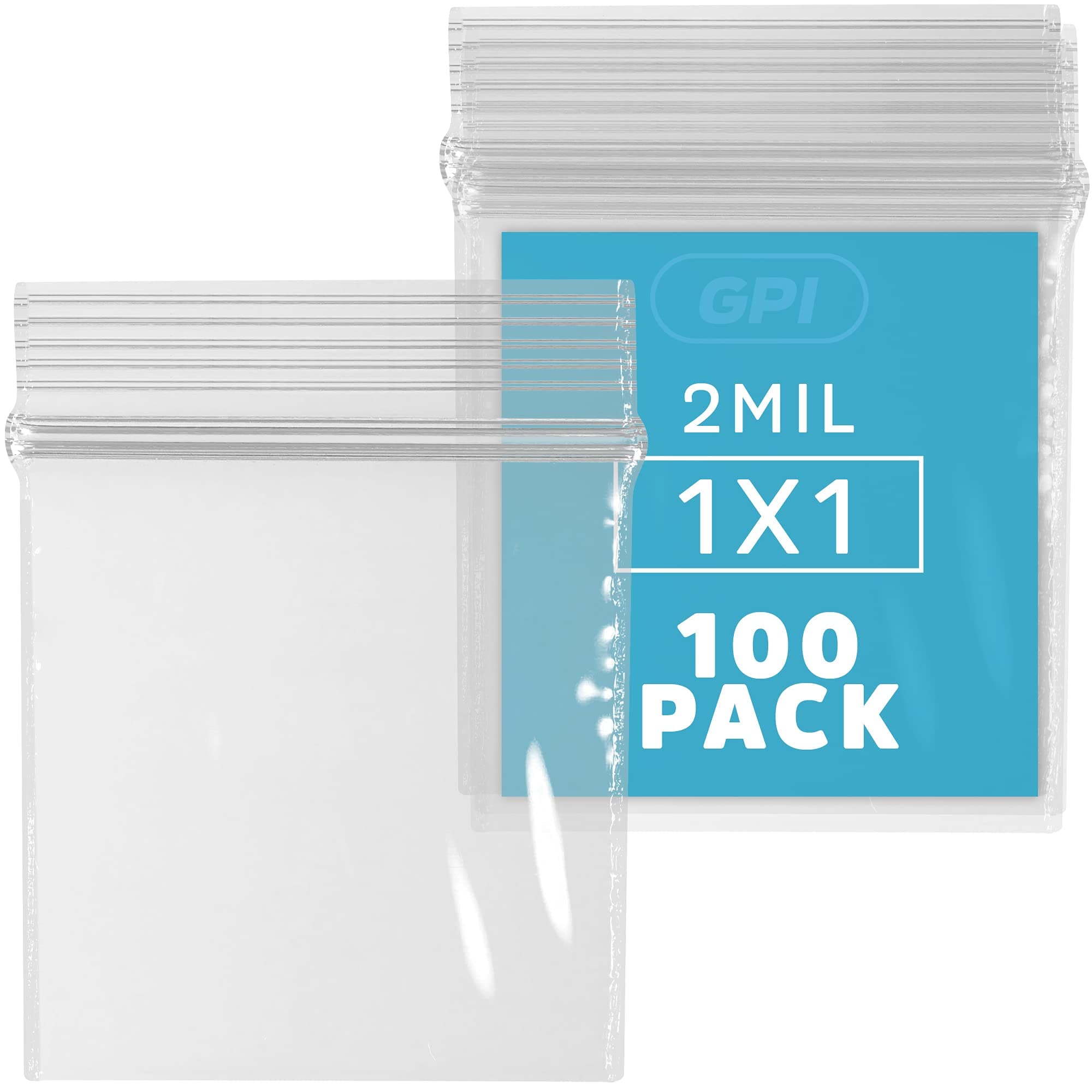GPI - 1" x 1" Tiny Zip Bags, Clear Plastic Reclosable Jewelry Bags, 2.5 Mil Thick, with Resealable Zip Top Lock for Jewelry, Pills, Meds, Powders, Beads, Seeds, etc. - 100 Pack
