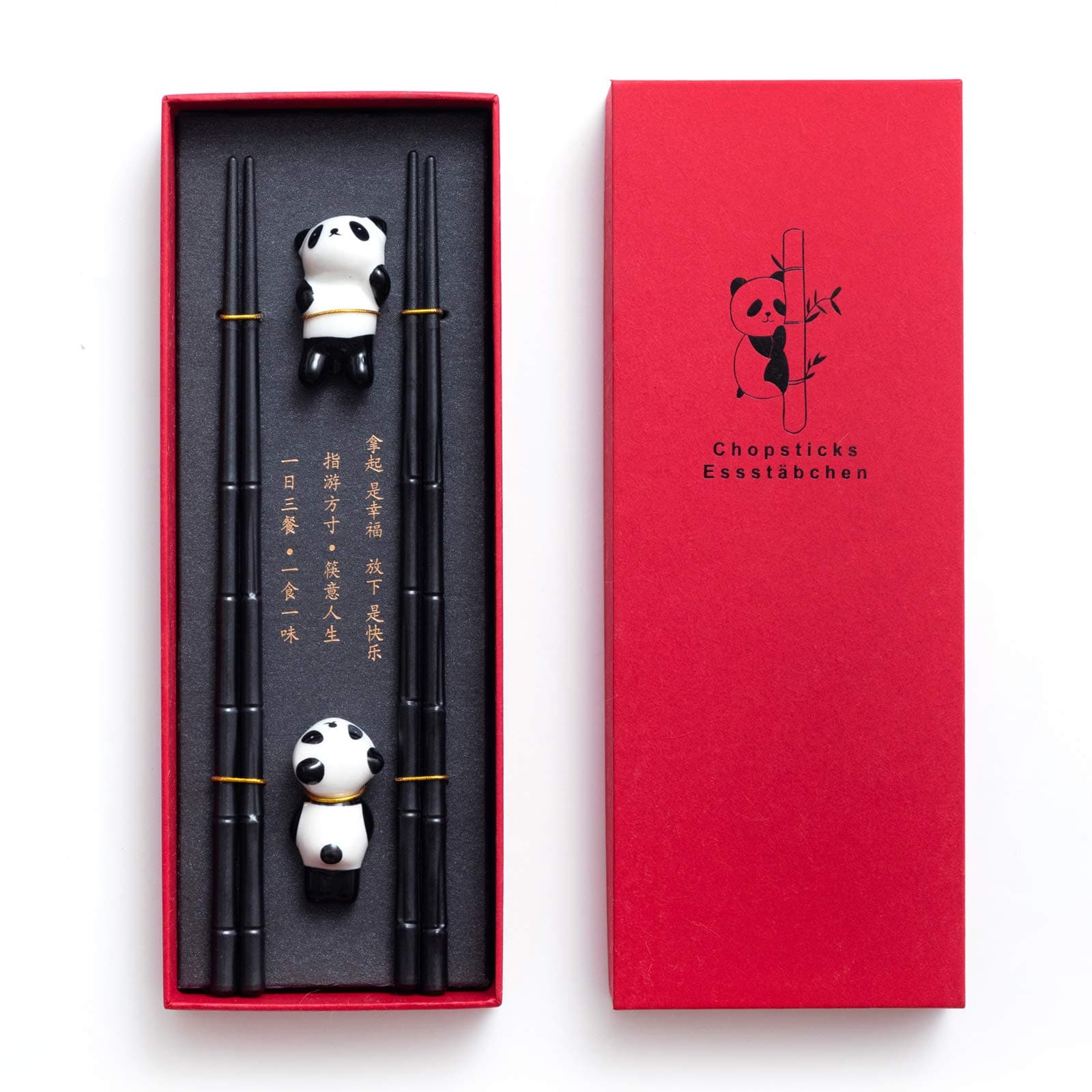 HauSun 2 Pairs Chopsticks and Chopstick Rest Gift Set- Dishwasher Safe Reusable Fiber Glass Chopsticks + Porcelain Cute Panda Chopstick Holder, Non-slip Chinese Japanese Style, Black
