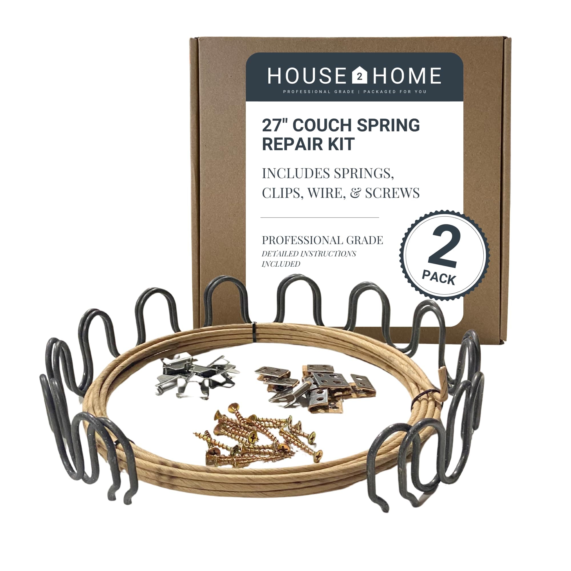 House2Home 27" Couch Spring Repair Kit to Fix Sofa Support for Sagging Cushions - Includes 2pk of Springs, Upholstery Spring Clips, Seat Spring Stay Wire, Screws, and Installation Instructions