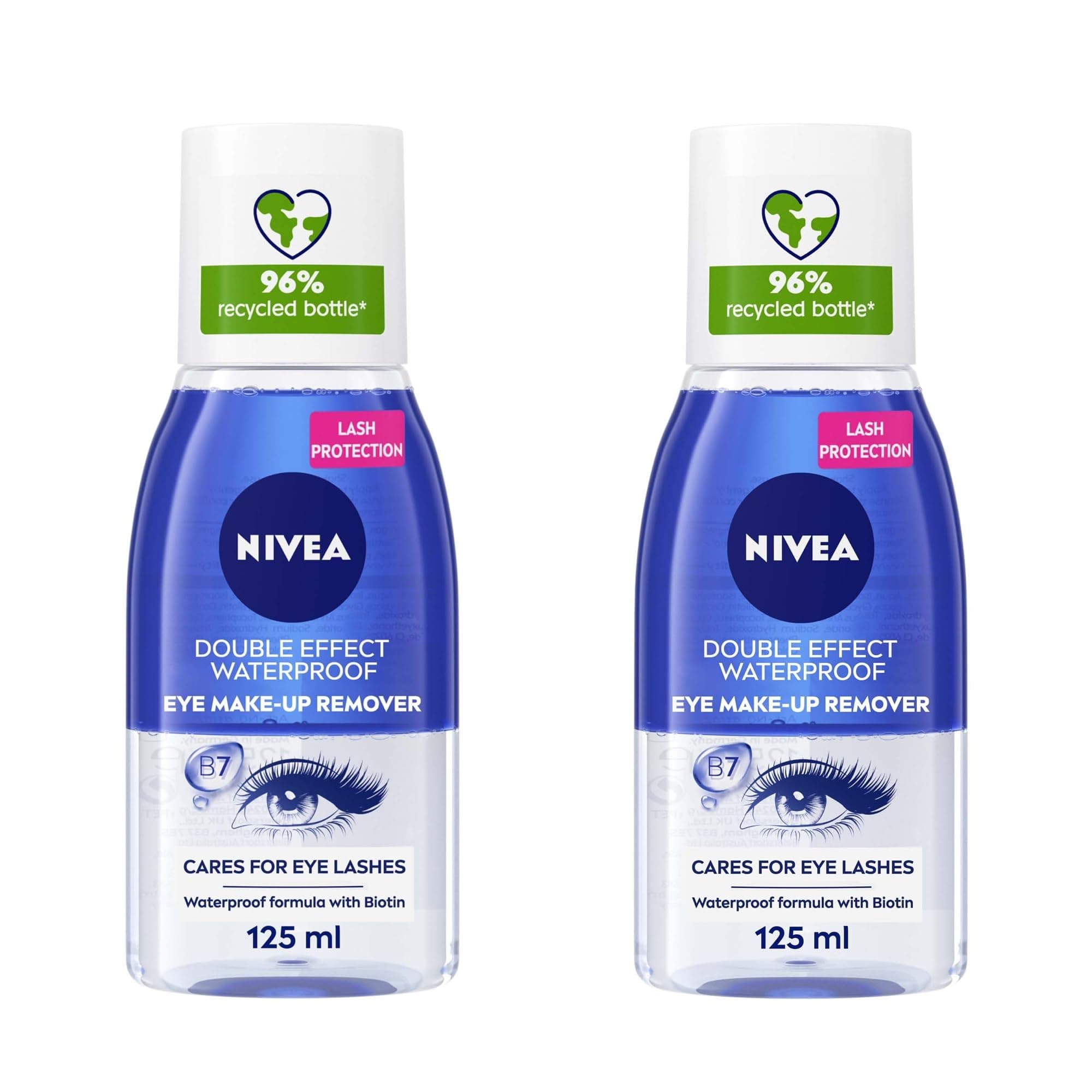 NIVEA Double Effect Eye Makeup Remover, Gentle Waterproof Mascara Remover with Cornflower Extract, Non-Greasy Bi-Phase Formula, 2x125ml