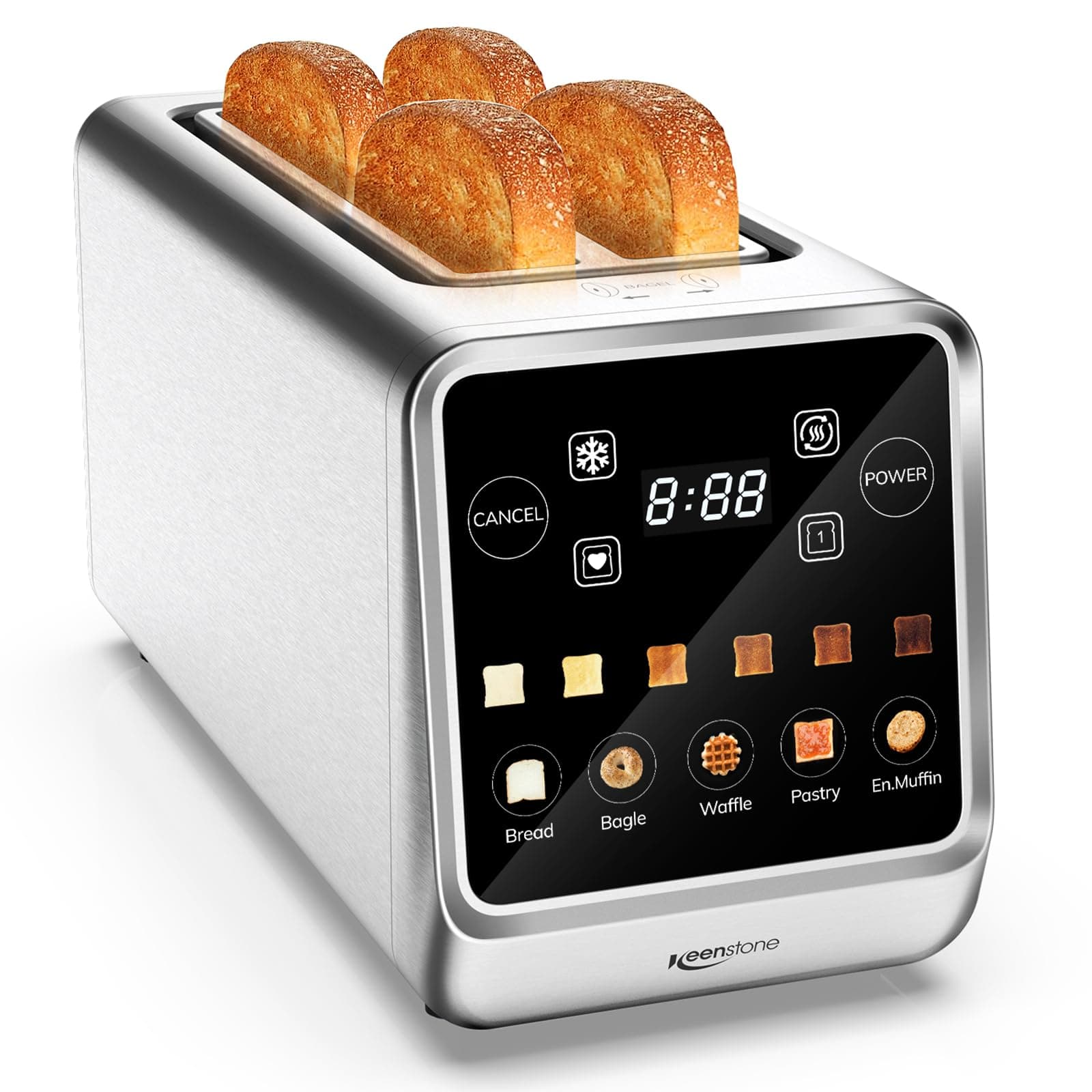 Keenstone Toaster 4 Slice, Digital Smart Toaster with TouchScreen, Memory Function, Single Slot Toasting, Timer, Reheat & Defrost for Bagels, Bread, Waffles, Muffin, Stainless Steel Kitchen Essentials