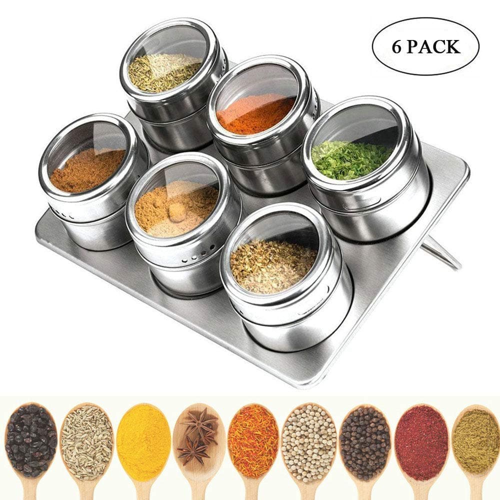 Stainless Steel Spice Jars, Magnetic Spice Rack Magnetic on Fridge Spice Tin Organizer (6 PCS)