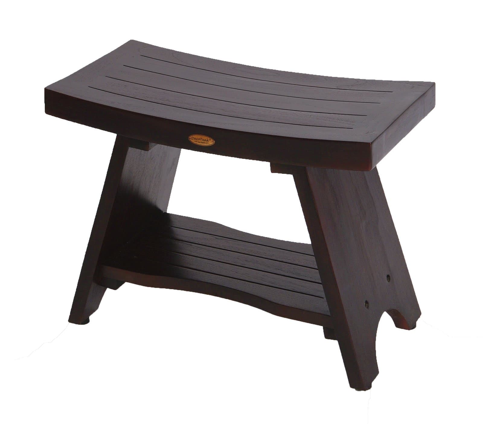 DecoTeak Serenity Shower Bench Wood Shower Stool with Curved Seat and Shelf 30" Long Eastern Style Shower Bench in Woodland Brown Finish for Indoors and Outdoors