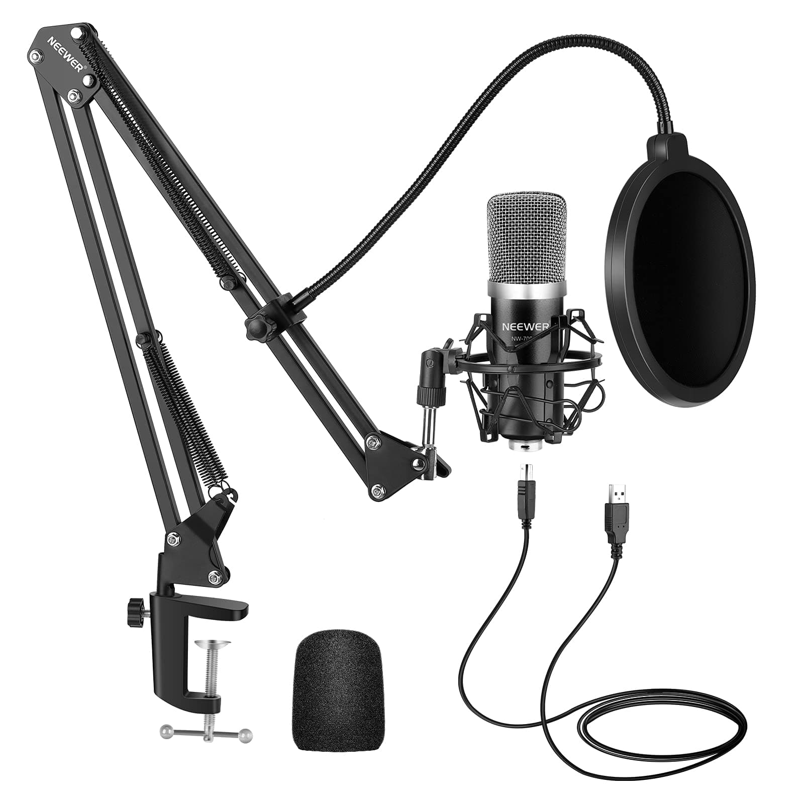 Neewer USB Microphone for Windows and Mac with Suspension Scissor Arm Stand, Shock Mount, Pop Filter, USB Cable and Table Mounting Clamp Kit for Broadcasting and Sound Recording (Black)
