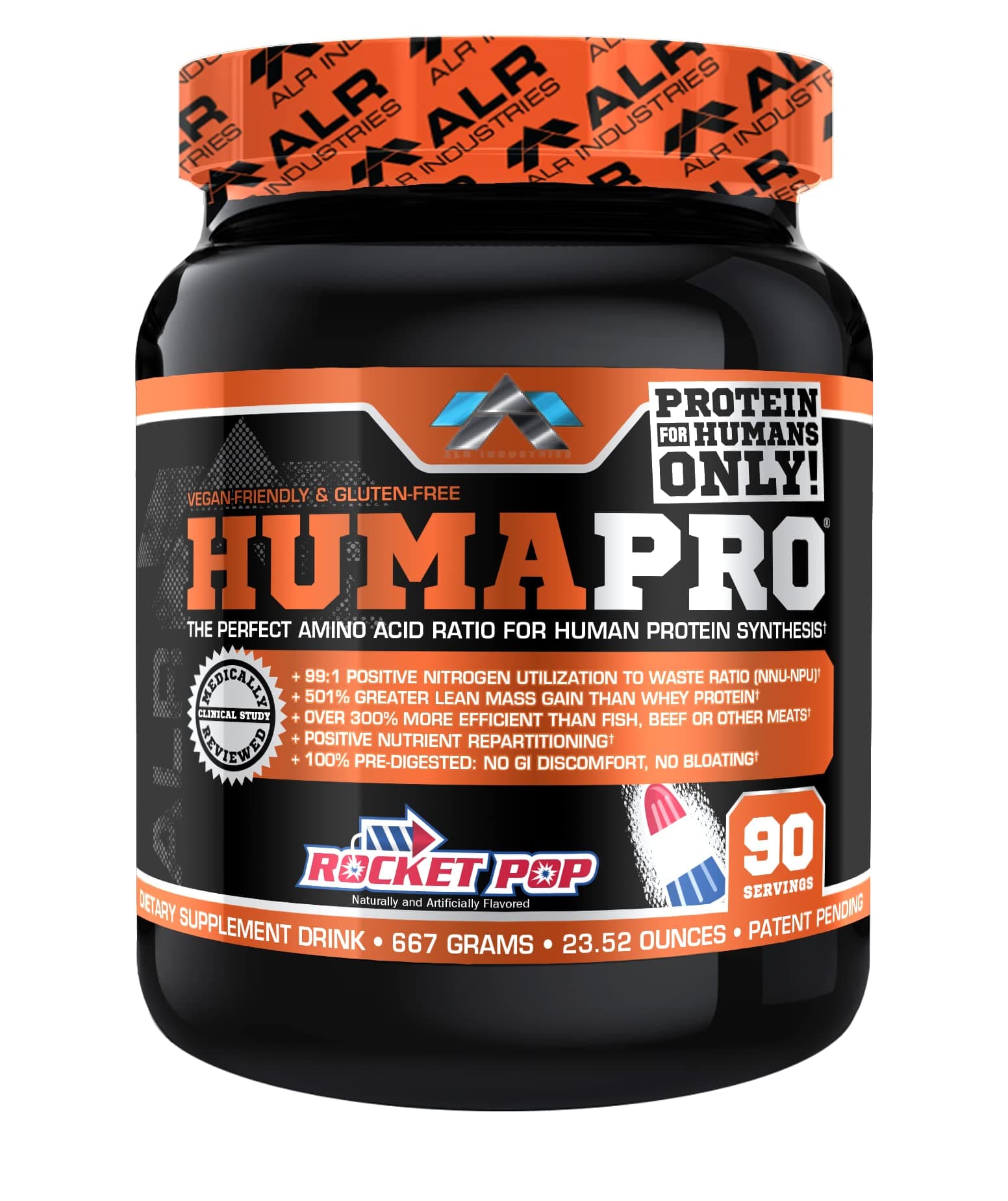Humapro | Amino Acids Protein Matrix for Humans | 99% Utilization for Lean Muscle | Vegan, Gluten Free | 667g / 90 Servings (Rocket Pop)