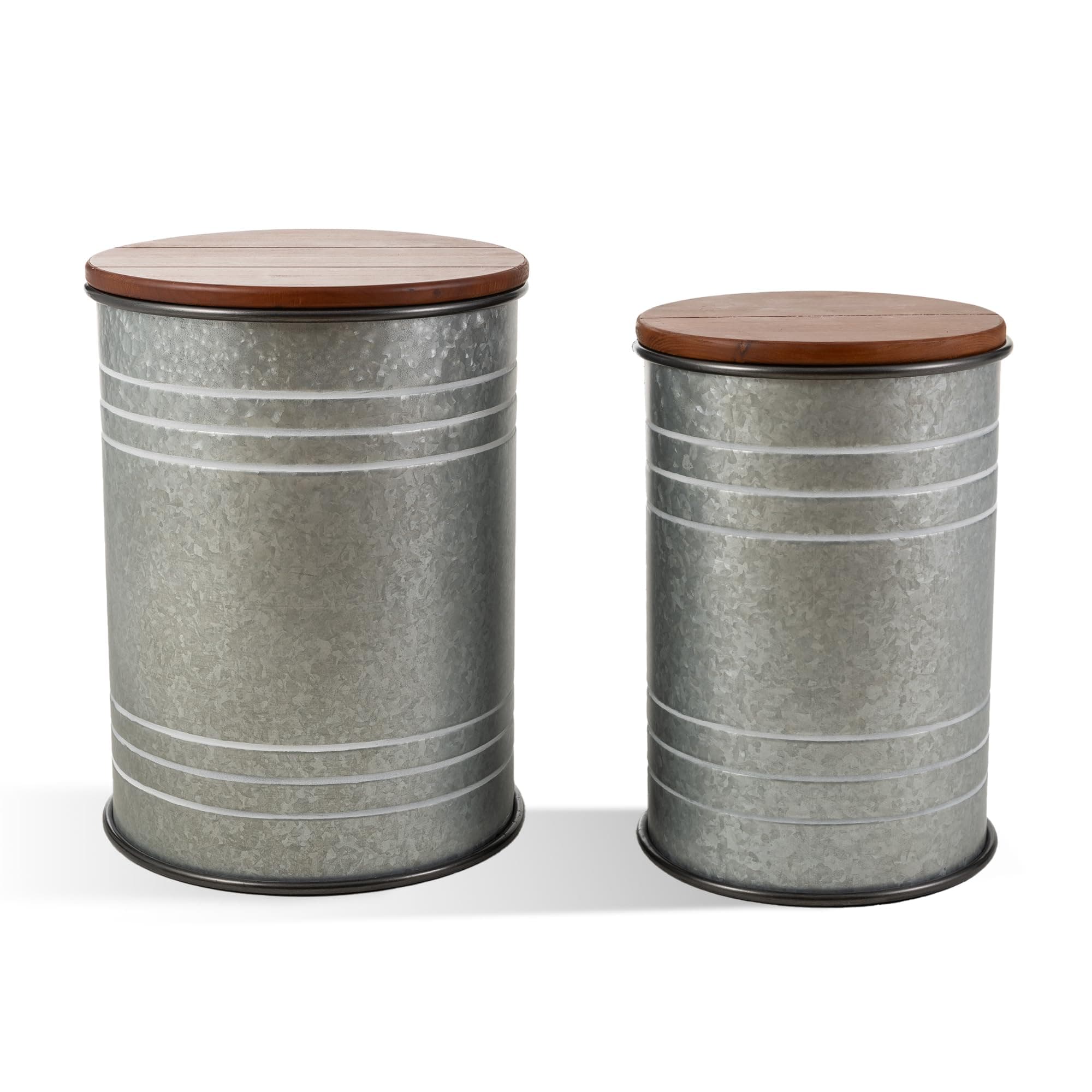 Glitzhome Rustic End Table Set of 2, Farmhouse Galvanized Metal Barrel Ottoman Storage Stool with Round Wood Lid for Living Room Furniture, Grey
