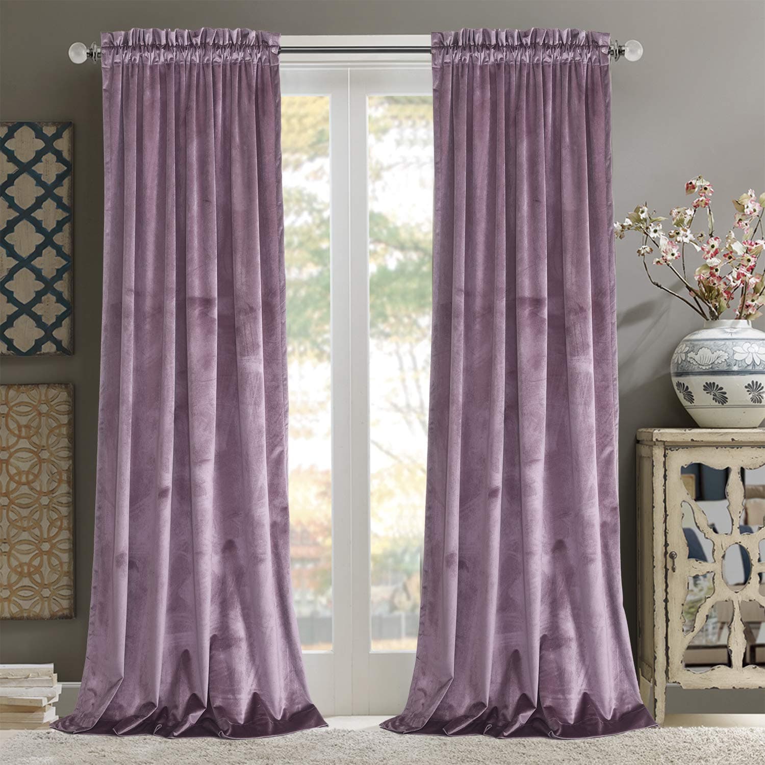 Roslynwood Block Light Luxurious Velvet Curtains - Noise Absorbing Light Blocking Velvet Drapes with Rod Pocket for Dining Room/Party Decor, Lavender 52Wx96L /2 Panels