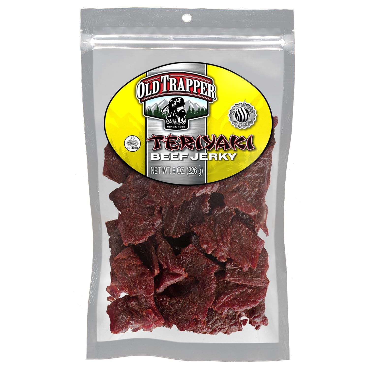 Old Trapper Beef Jerky, Teriyaki 8 Ounce Individual Pack, Tender Meat Snack for Lunches or Between Meals, 11 Grams of Protein, Zero Grams of Fat, and 70 Calories per Serving (Pack of One)