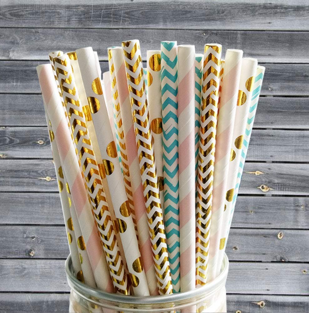Peach, mint green and gold paper straws set of 100 straws