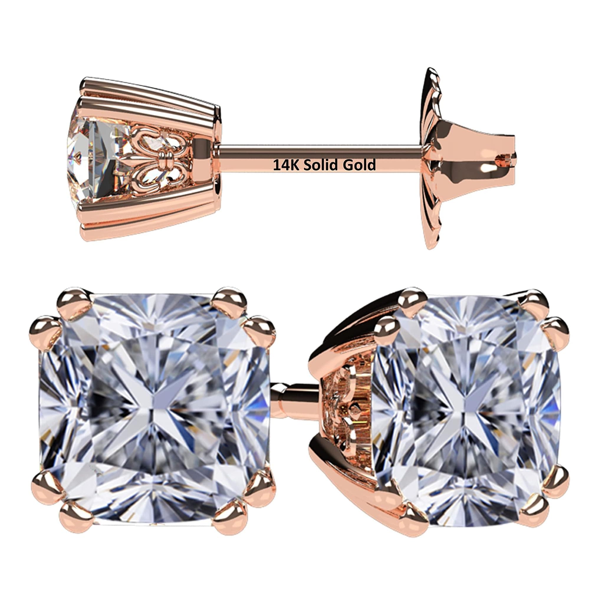 Cushion Cut Simulated Diamond Stud Earrings 14K Solid Gold Post & Sterling Silver-0.60ctw-4.00ctw CZ