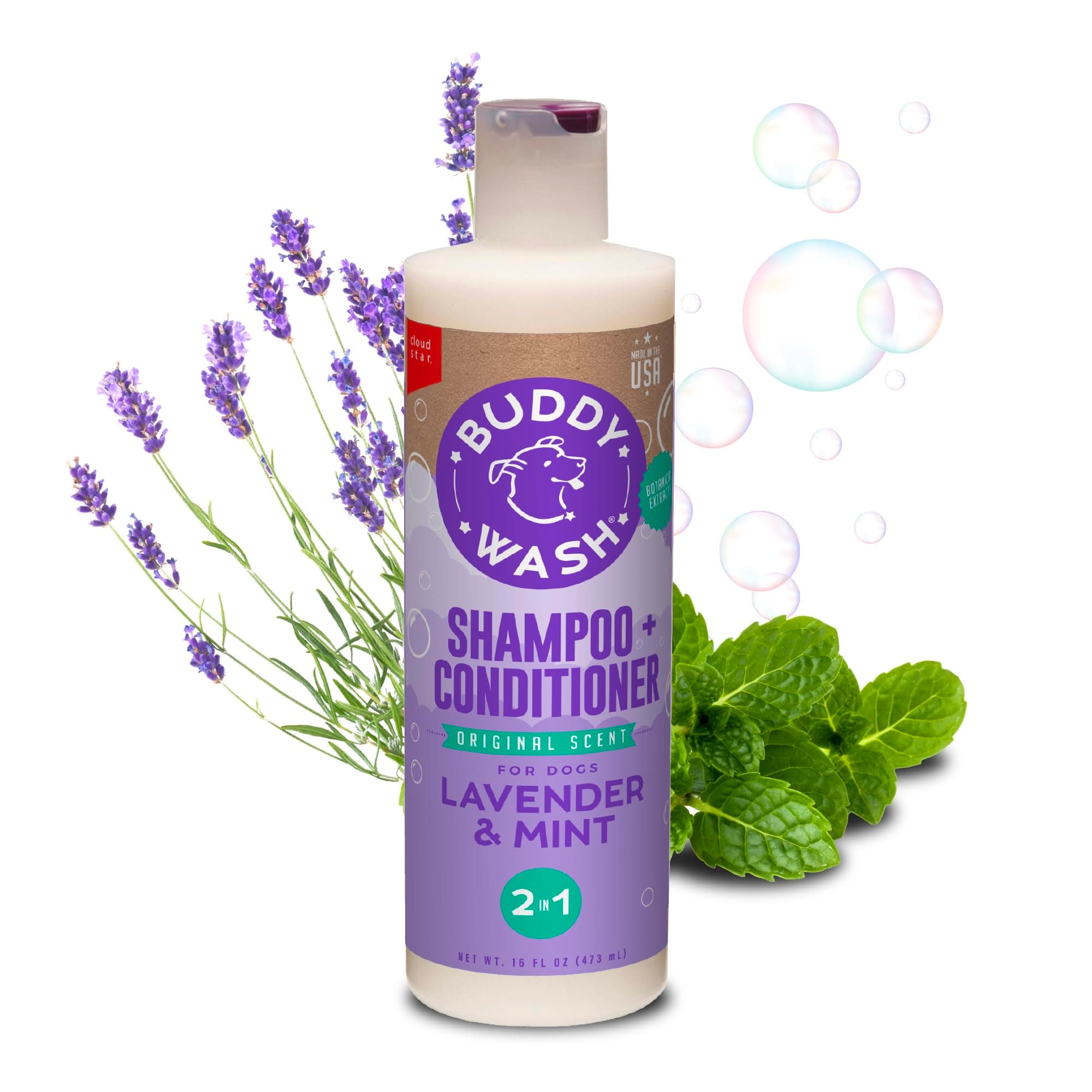 Buddy Grooming Wash 2 in 1 Dog Shampoo, Lavender & Mint, 16 oz. Bottle