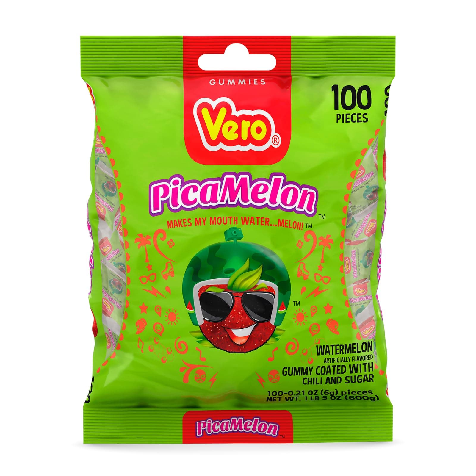 Picamelon - Watermelon Flavored Chewy Gummy Treats Coated in Chili Powder 100 Pieces (Net Wt. 1 Lb, 5,15 Ounces) - Individually Wrapped Mexican Candy Gummies for Piñatas, Halloween, and More