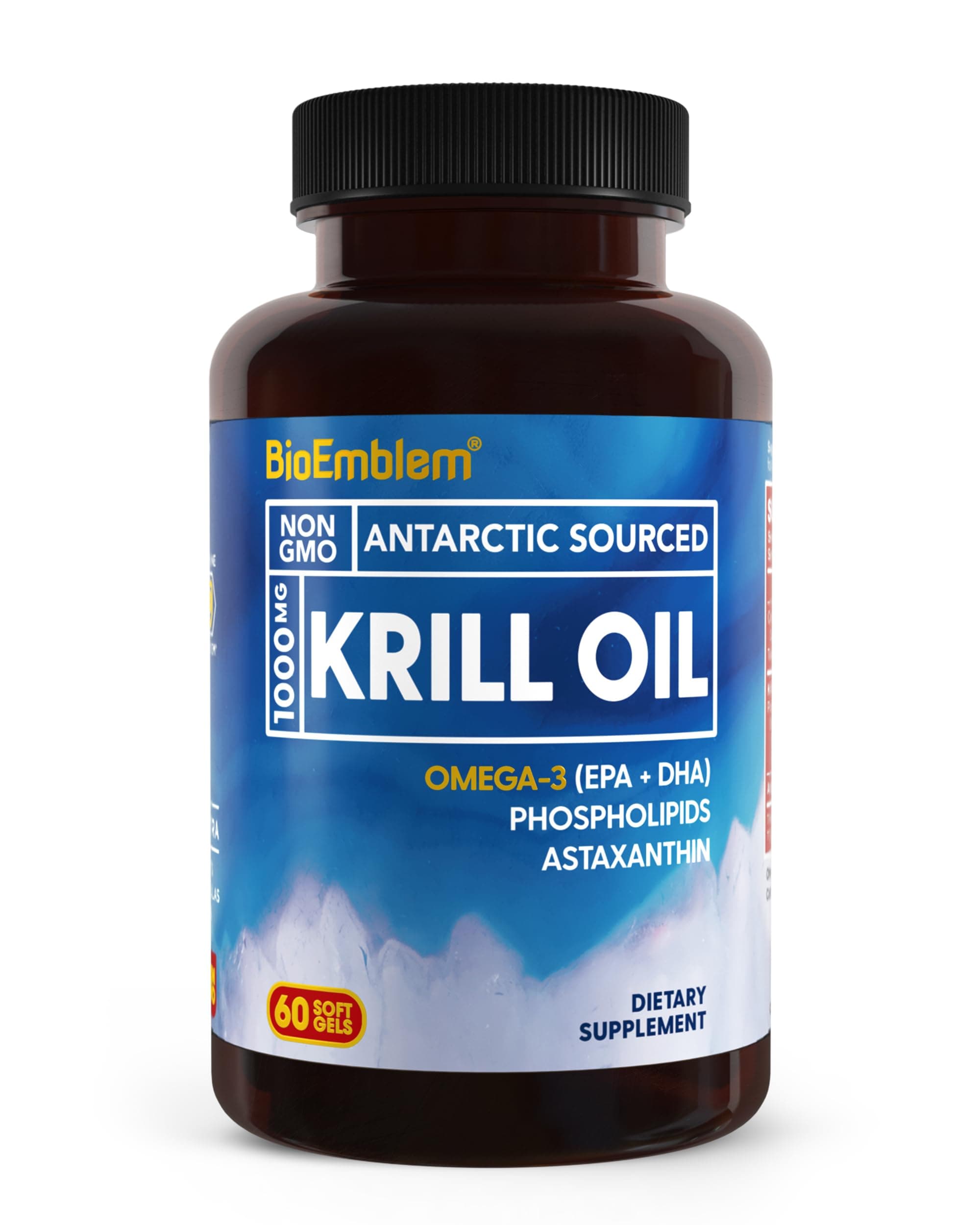 BioEmblem Antarctic Krill Oil Supplement | 1000mg | Omega-3 Oil with High Levels of EPA + DHA, Astaxanthin, and Phospholipids | No Fishy Aftertaste | 60-Count Non-GMO Softgels