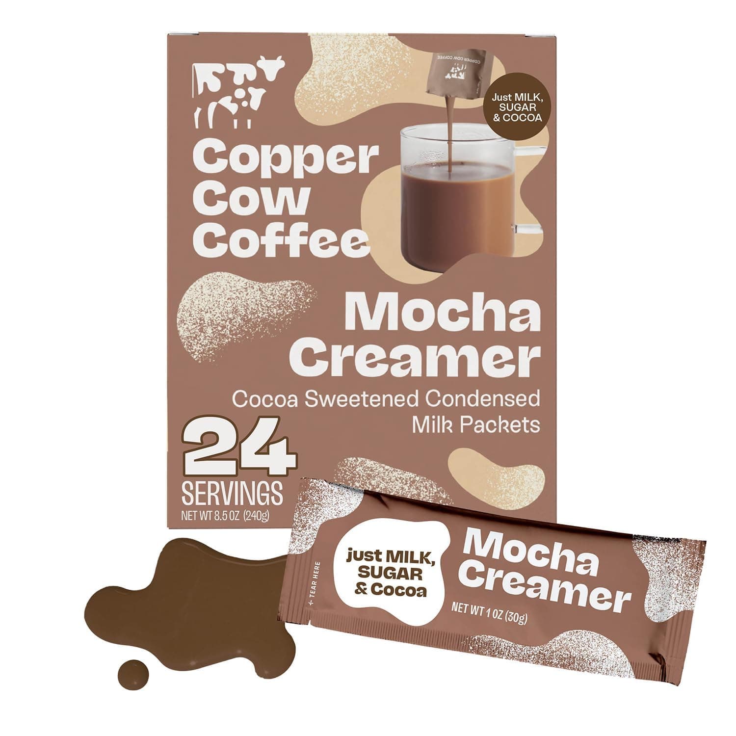 Copper Cow Coffee Sweetened Mocha Milk Creamer Singles (24 pack) | Vietnamese Inspired Coffee Creamer, All Natural Creamer Packets for Pour Overs & Lattes | No Refrigeration Needed, Travel Friendly