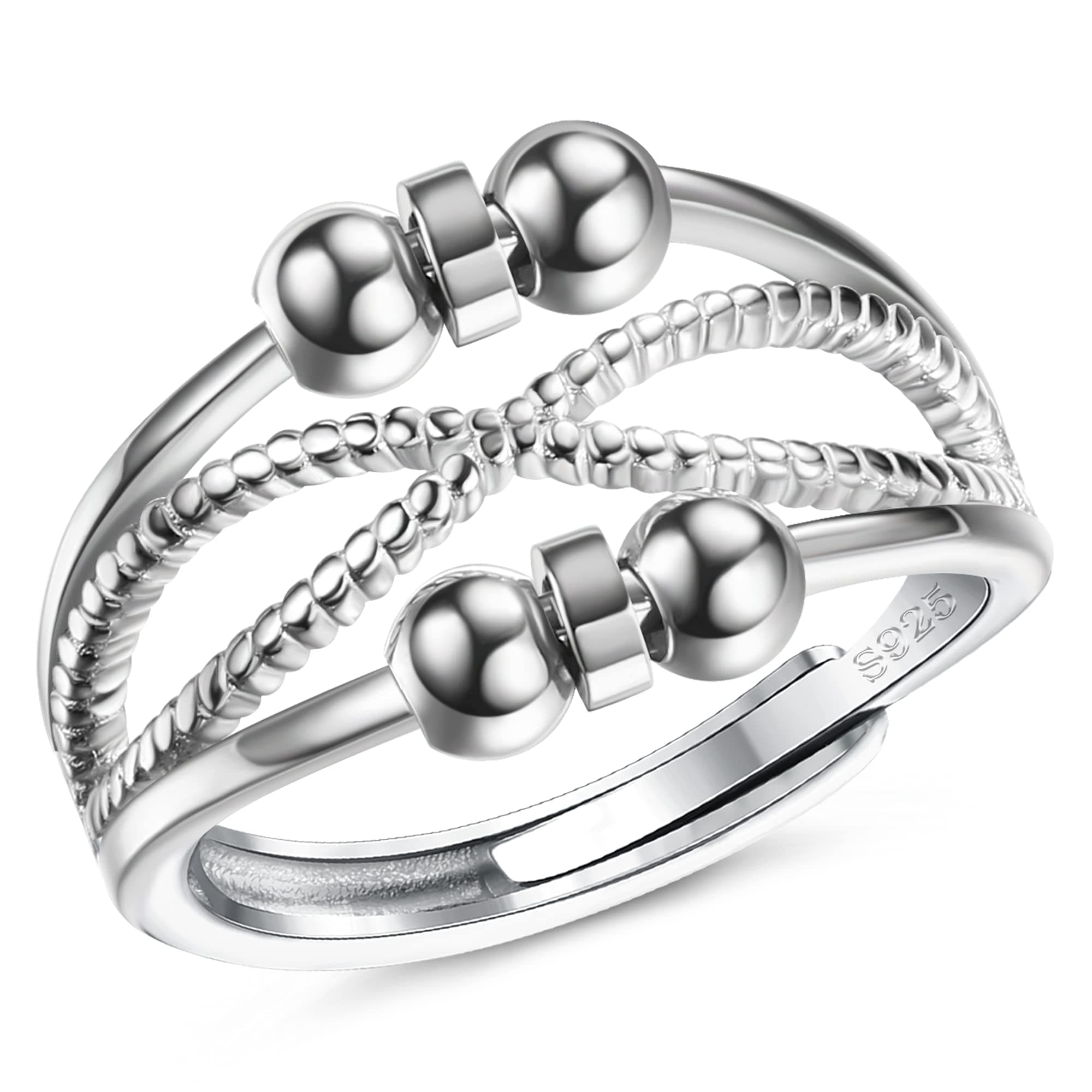 SAILIMUE 925 Sterling Silver Anxiety Ring For Women Men Fidget Rings For Anxiety Spinning Bead Adjustable Stacking Spinner Band Ring
