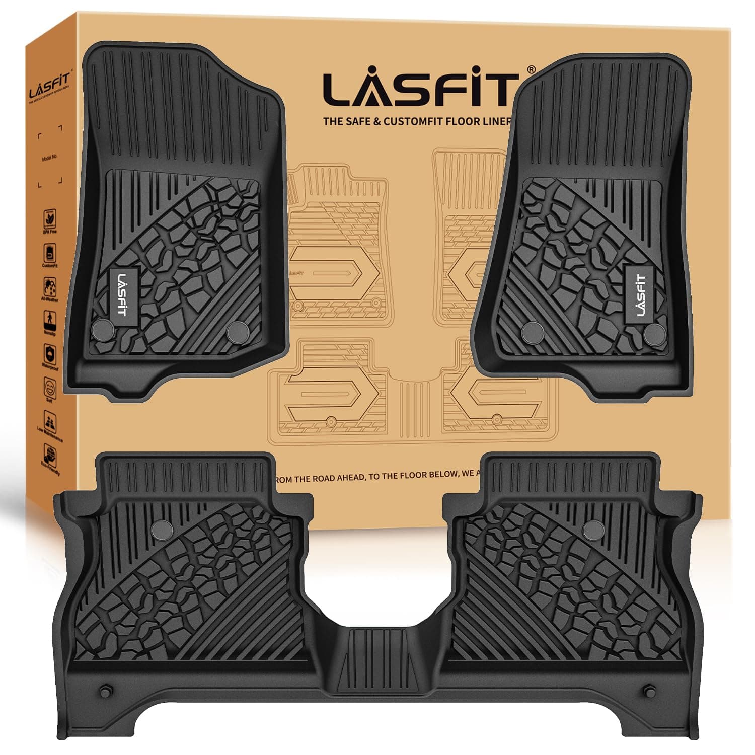 LASFIT Floor Mats for Jeep Gladiator JT 2020-2025 2026 All Weather TPE Custom Fit Pickup Truck Mats Floor Liners 1st & 2nd Row, Black