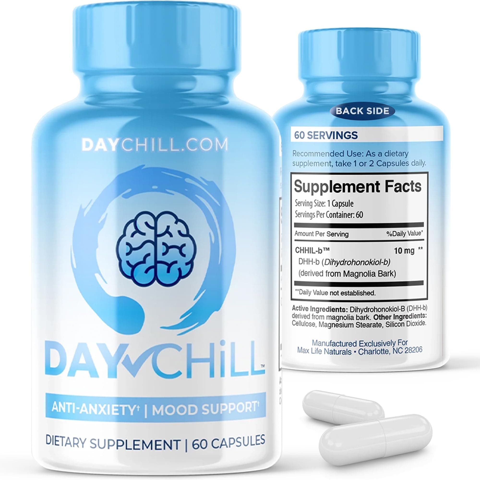 DHH-B - Day Chill Pill for Calming Mood Support, Powerful 10mg dosing Dihydrohonokiol-B DHHB - Positive Chill Pill for Women and Men. 60 Capsules.