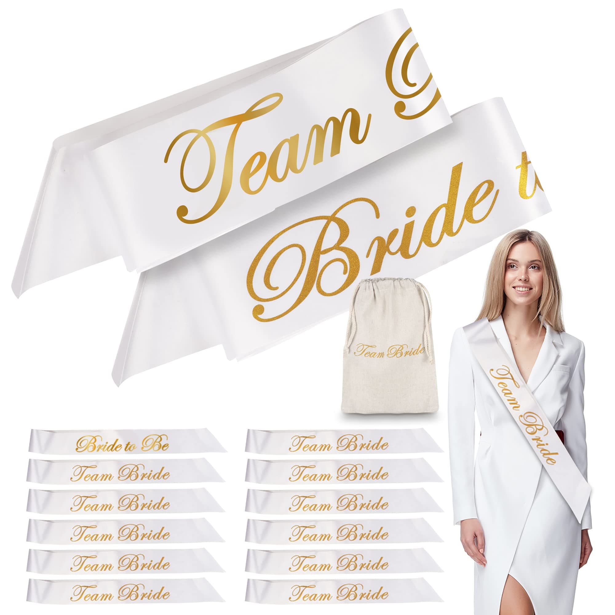 14pk Jaunty Partyware,13 Team Bride Sashes, 1 Bride To Be Sash + Team Bride Bag for Hen Party, Hen Do Party Sash, Hen Night Accessories, Hen Party Accessories, Hen Party Bag Fillers