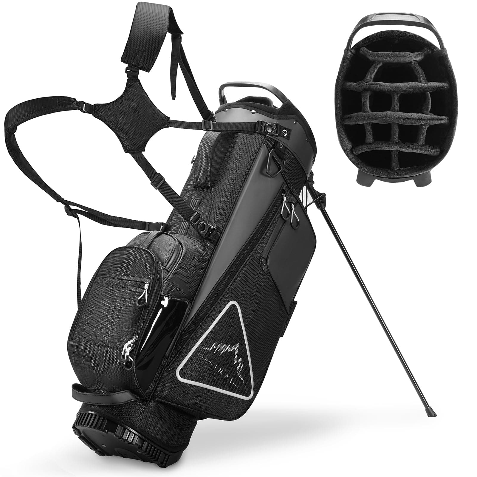 14-Way Golf Stand Bag, Full Length Premium PU Leather Golf Bag with Plush Top, Magnetic Pocket, Dual Strap and Rain Cover for Men
