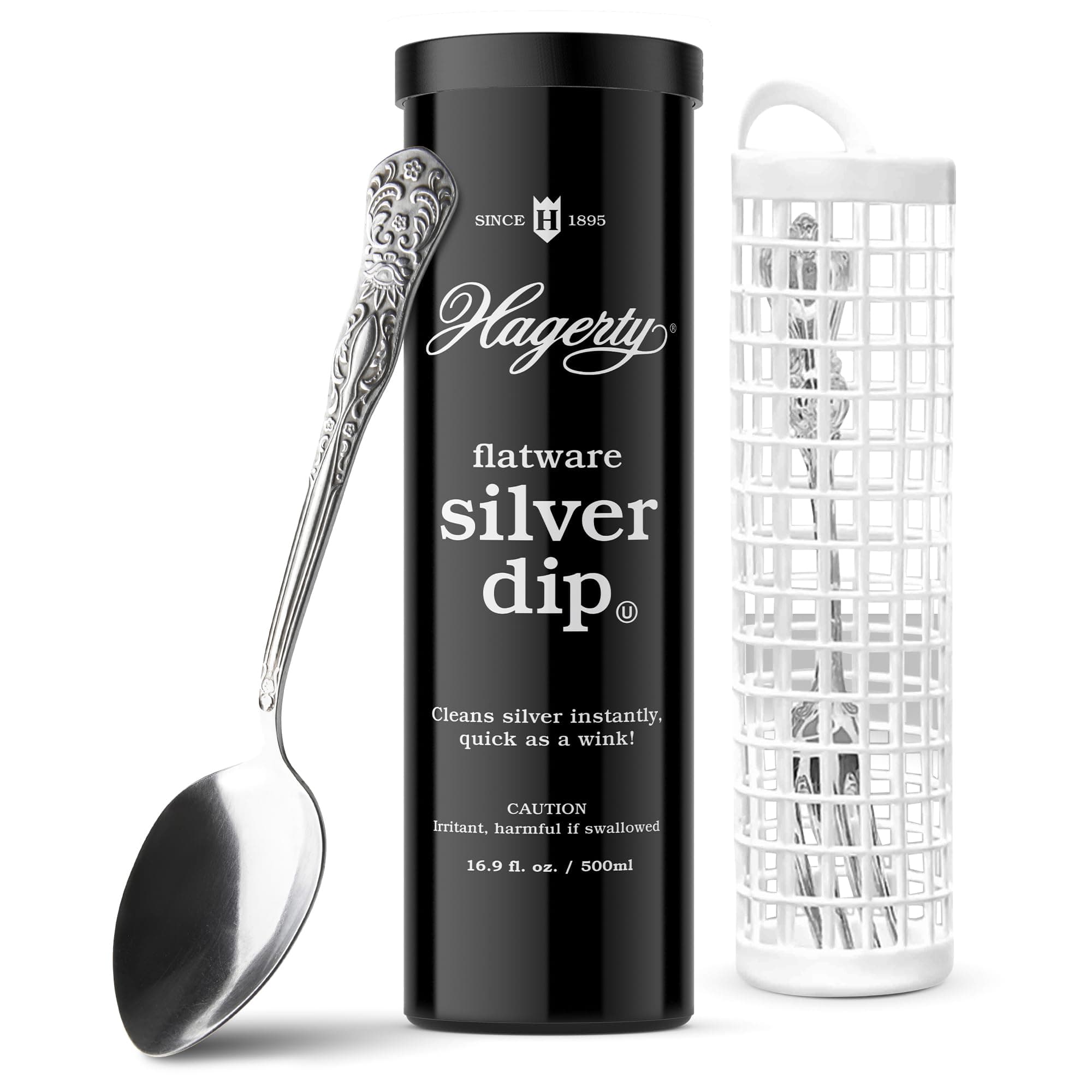 Hagerty Flatware Silver Dip - Silverware Cleaner with Basket for Silver Forks, Knives, Spoons, and Plates, Removes Tarnish Effortlessly - Black, 16.9 Fl Oz Container