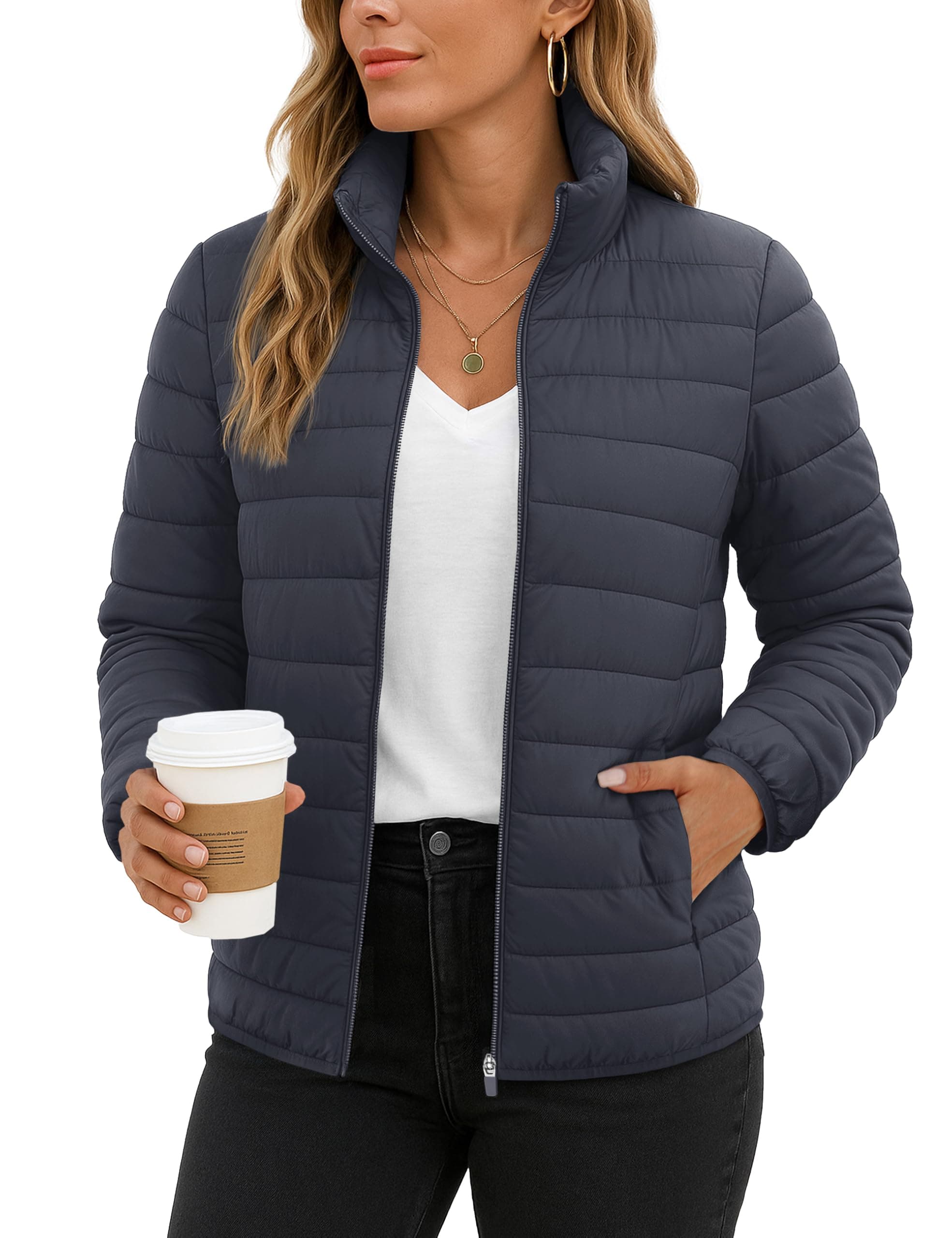 TACVASEN Women's Puffer Jackets Quilted Packable Puffy Coats Lightweight Winter Warm Zip Up Down Jacket Stand Collar