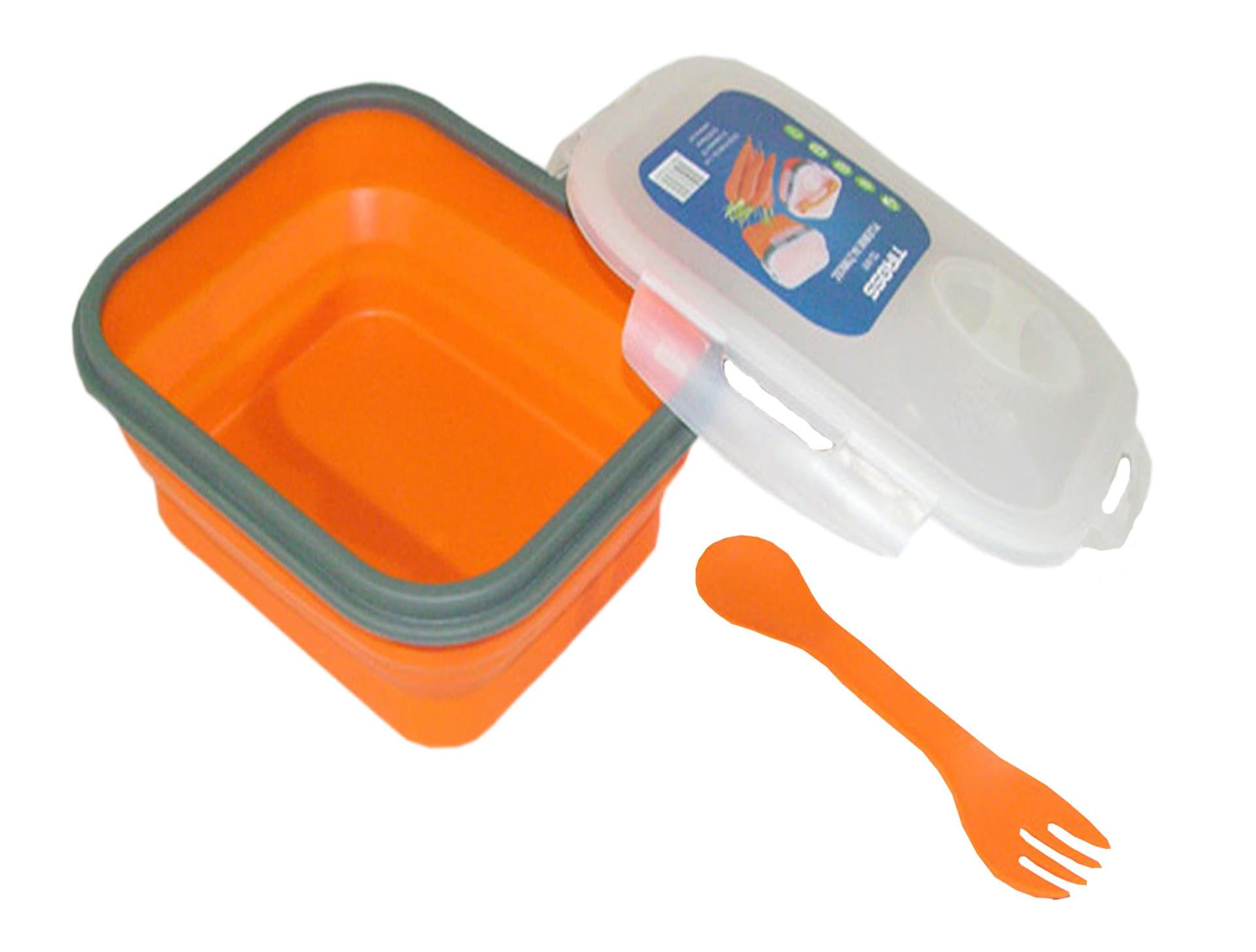 TIROSS LARGE SILICONE FOLDING SANDWICH PACK AWAY LUNCHBOX SCHOOL SNACK BOX + FORK new (Orange)