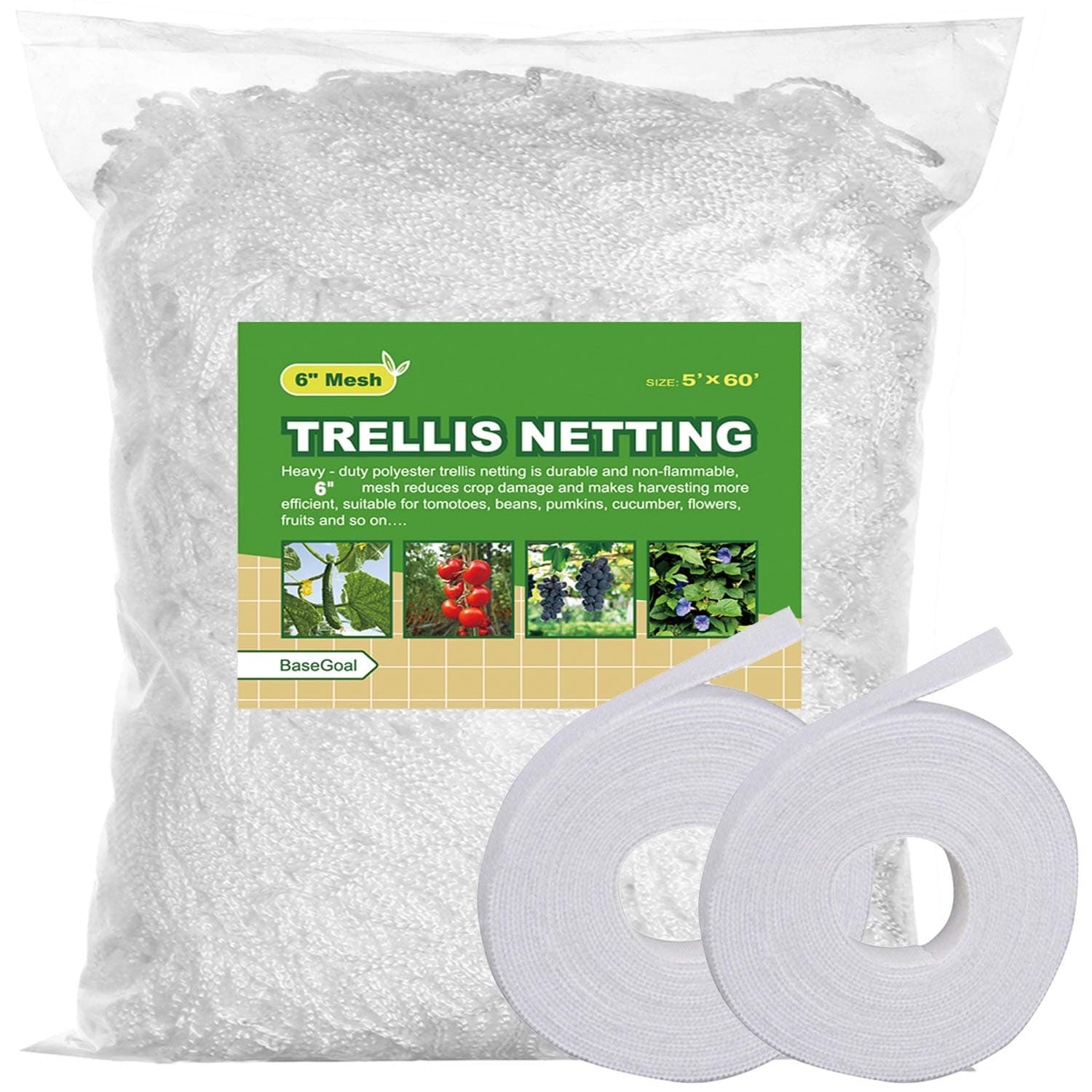 All-Weather Trellis Netting Mesh Plant Garden Vine Growing Flexible String Net (6" Mesh ployester, 5' Wx 60'L)