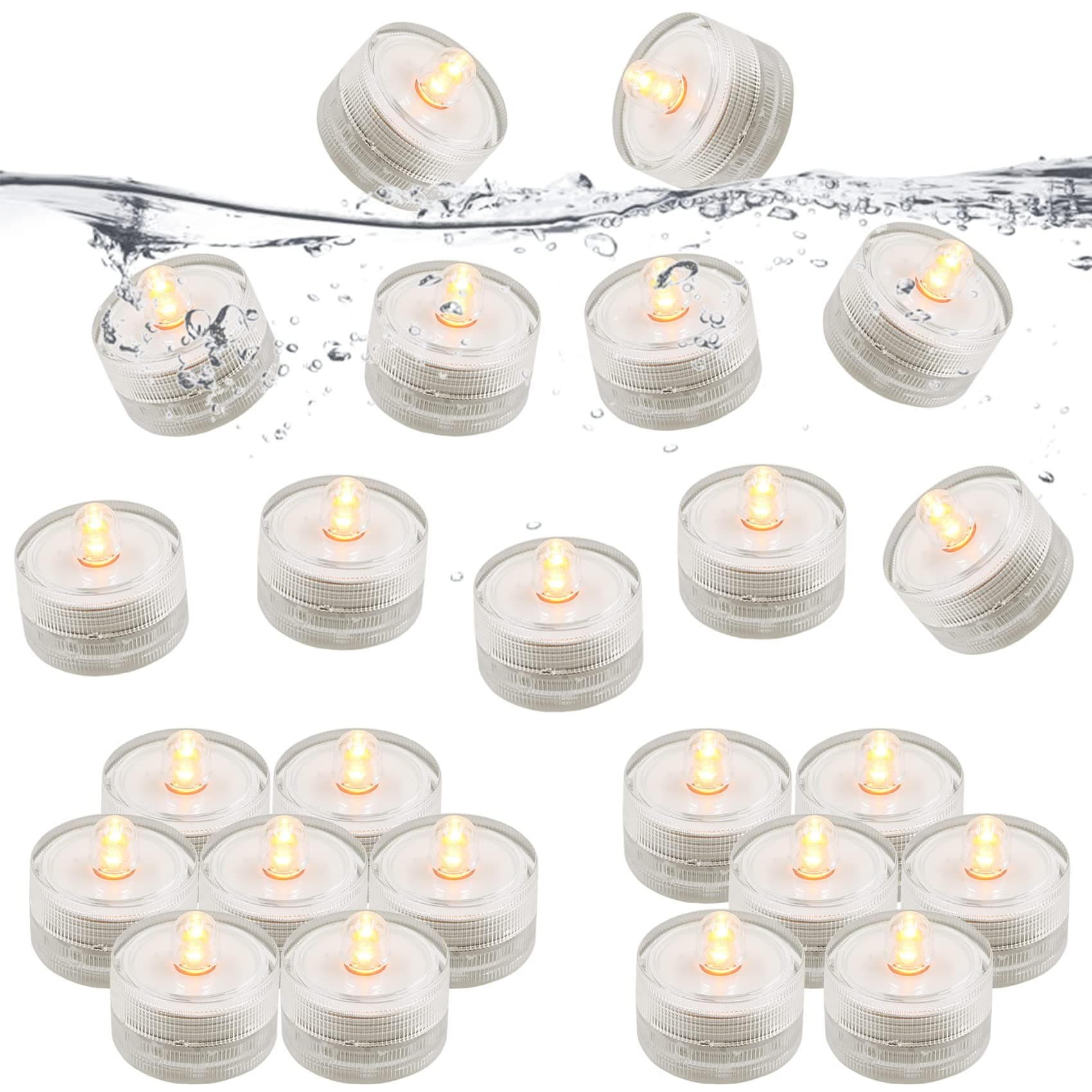 Submersible LED Tea Lights, Underwater Flameless Candles, Waterproof tealights Battery Operated for Wedding Party centerpieces, Sub Seasonal Festival Celebration for Table, Pack of 24 Yellow